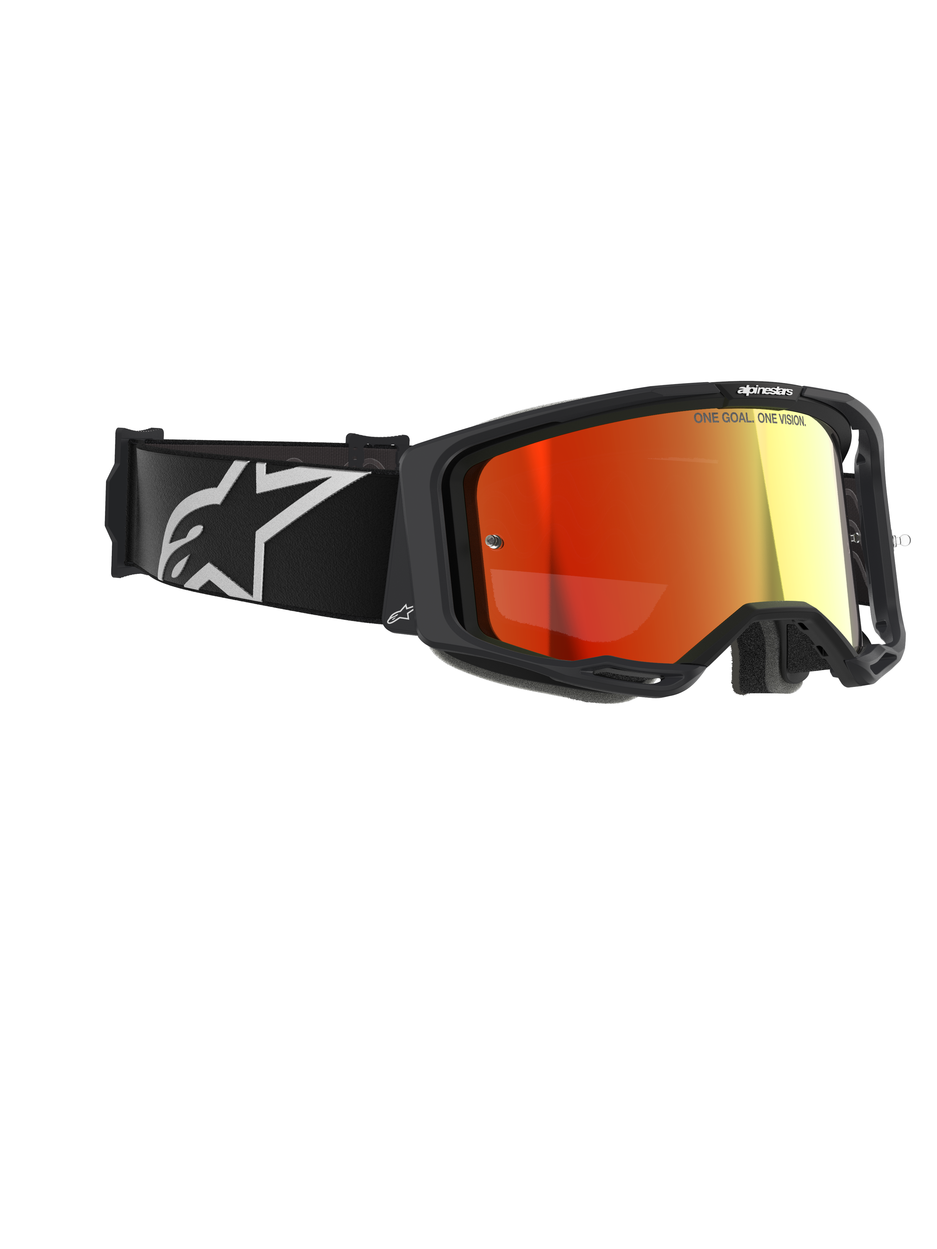 Alpinestars Vision 8 Corp Goggles, motocross-briller, sorte med Mirror Red-linse, med sort rem med hvidt Alpinestars-logo og "ONE GOAL. ONE VISION."-tekst på linsen, højtydende øjenbeskyttelse til off-road racing