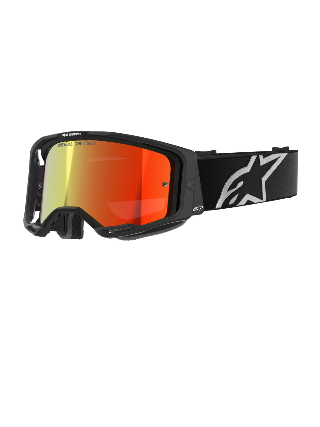 Alpinestars Vision 8 Corp briller, motocrossbriller, sort med rød spejllinse, reflekterende gradient fra gul til rød, justerbar sort rem med stort hvidt stjerne-logo, grå ansigtsskum-polstring, højtydende design til off-road racing