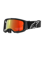 Alpinestars Vision 8 Corp briller, motocrossbriller, sort med rød spejllinse, reflekterende gradient fra gul til rød, justerbar sort rem med stort hvidt stjerne-logo, grå ansigtsskum-polstring, højtydende design til off-road racing