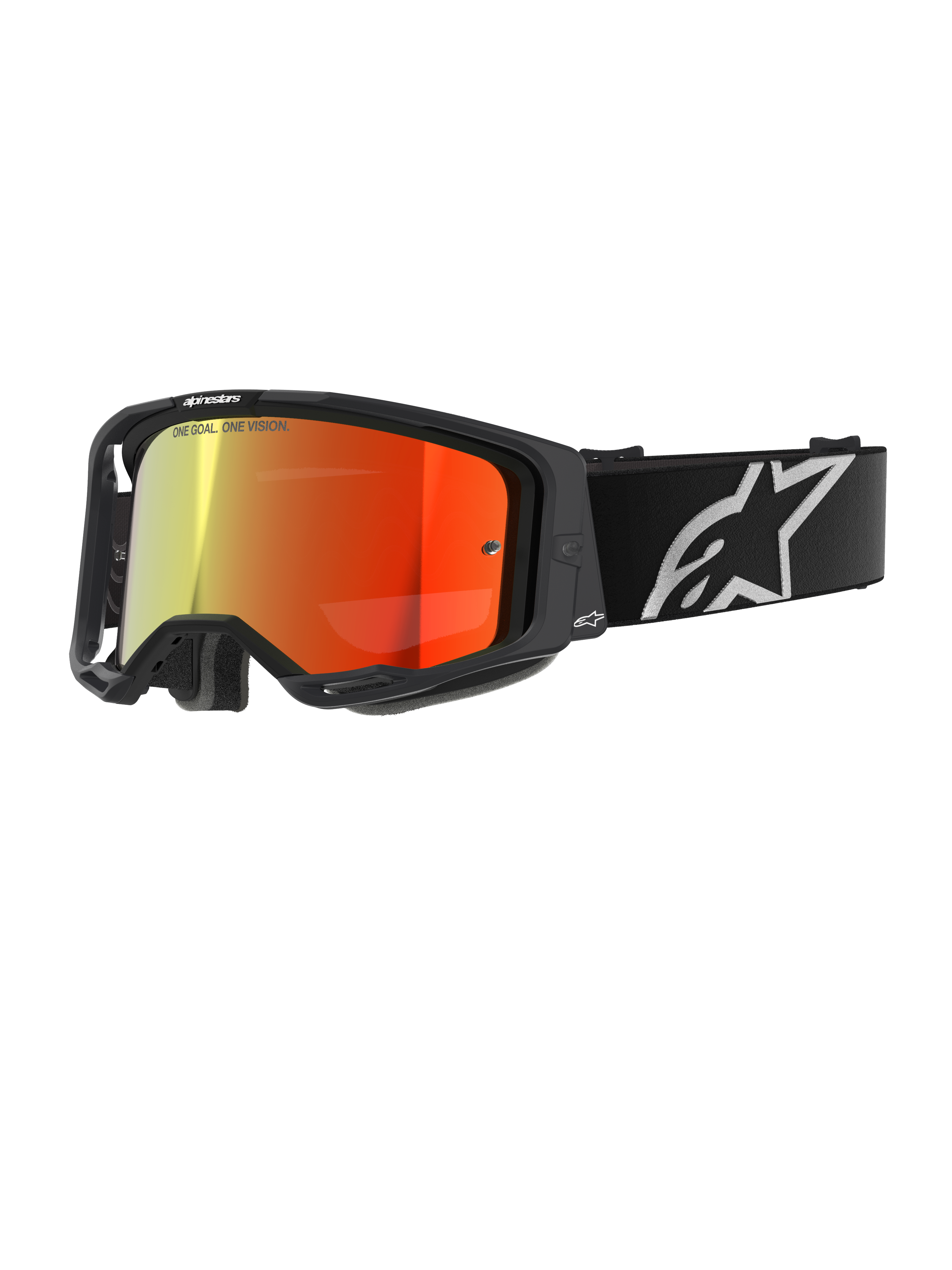 Alpinestars Vision 8 Corp briller, motocrossbriller, sort med rød spejllinse, reflekterende gradient fra gul til rød, justerbar sort rem med stort hvidt stjerne-logo, grå ansigtsskum-polstring, højtydende design til off-road racing