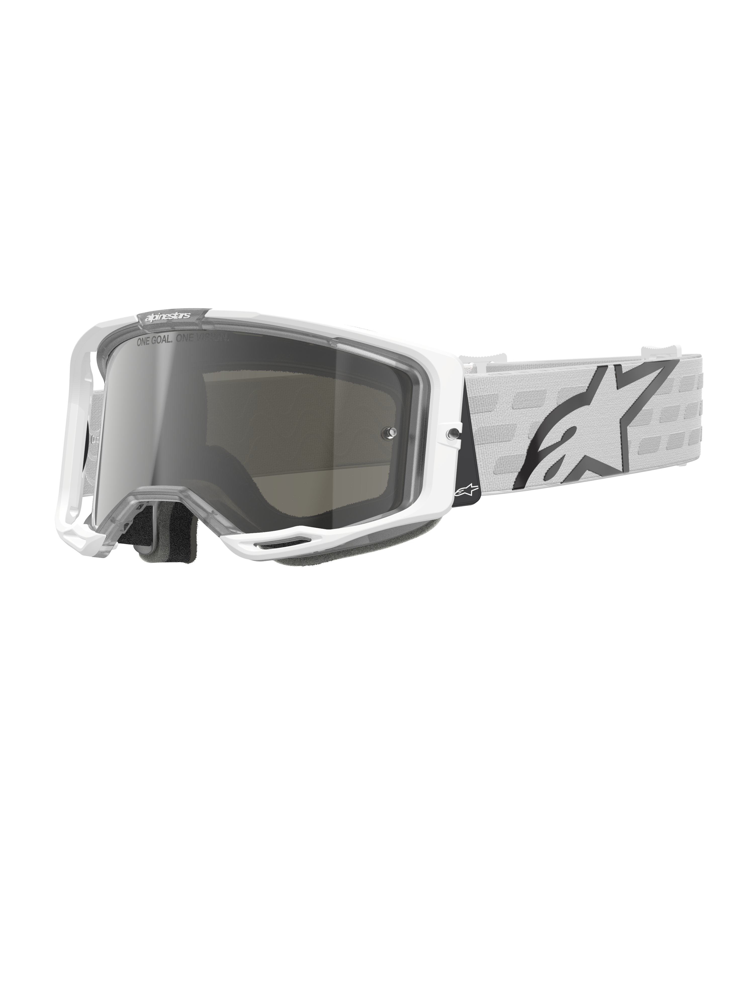 Alpinestars Vision 8 Corp crossbriller, hvide motocross-briller, sølv spejllinse, grå og hvid mønstret rem, off-road racerbriller, polstret komfortforing, moderne rektangulær ramme