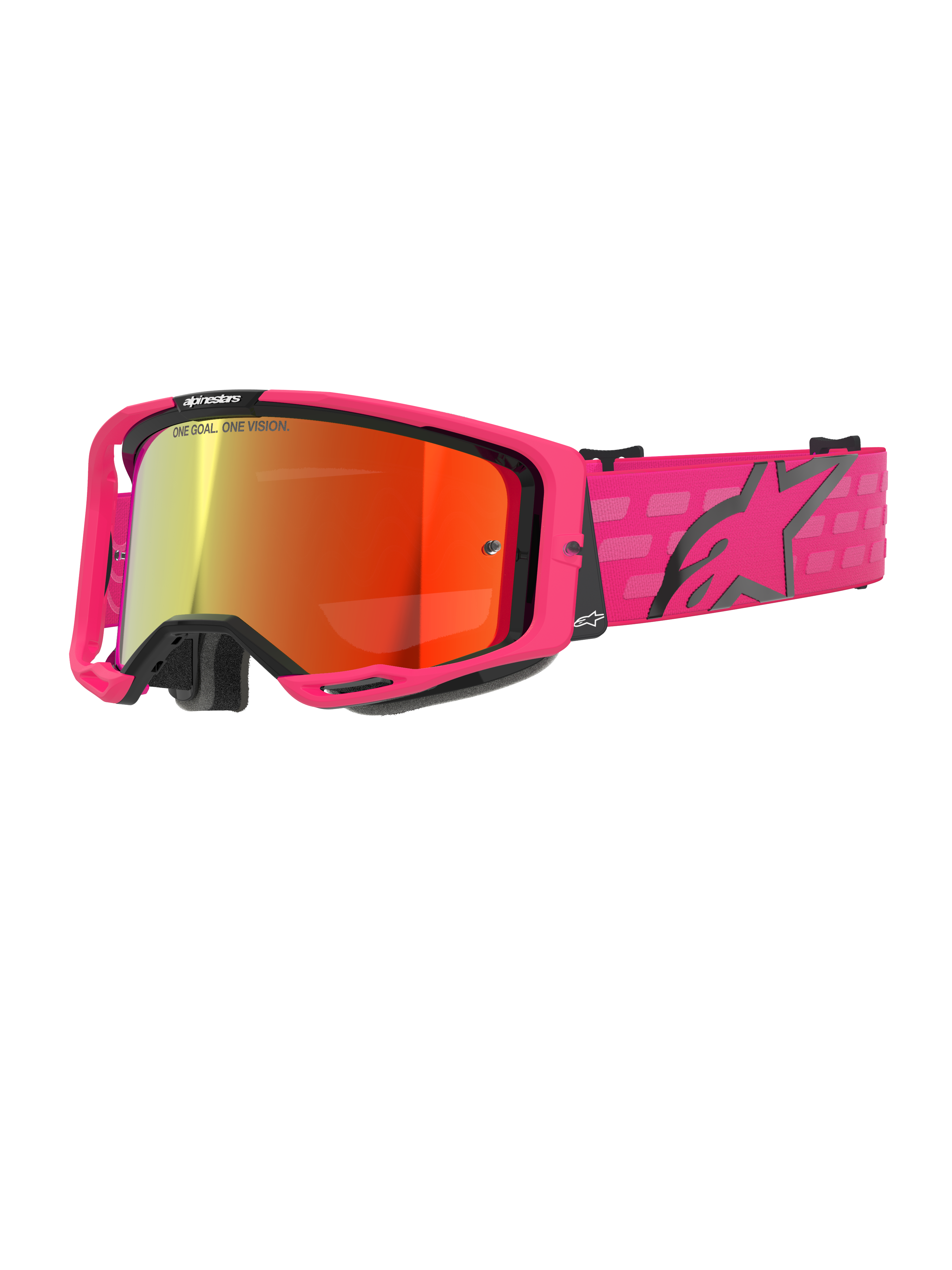 Alpinestars Vision 8 Corp beskyttelsesbriller, motocross-briller, pink og rød spejllinse, pink ramme med sorte detaljer, justerbar pink rem med sort logo og ternet mønster, professionelt off-road øjenværn