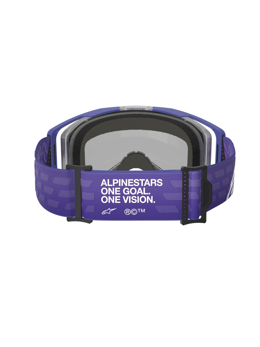 Alpinestars Vision 8 Corp Goggles, Purple, rear view featuring wide purple strap with white 'ALPINESTARS ONE GOAL. ONE VISION.' text, black hardware, and gray face foam, motocross racing eyewear