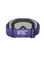 Alpinestars Vision 8 Corp Goggles, Purple, rear view featuring wide purple strap with white 'ALPINESTARS ONE GOAL. ONE VISION.' text, black hardware, and gray face foam, motocross racing eyewear
