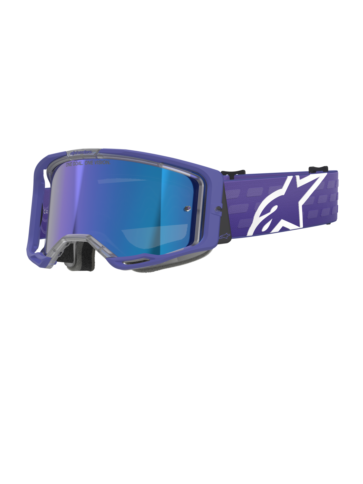 Alpinestars Vision 8 Corp briller, motocross-briller, lilla og spejlblå, reflekterende blå linse med teksten "One Goal. One Vision.", lilla stel med bred rem og hvidt Alpinestars-logo, øjenbeskyttelse til off-road racing