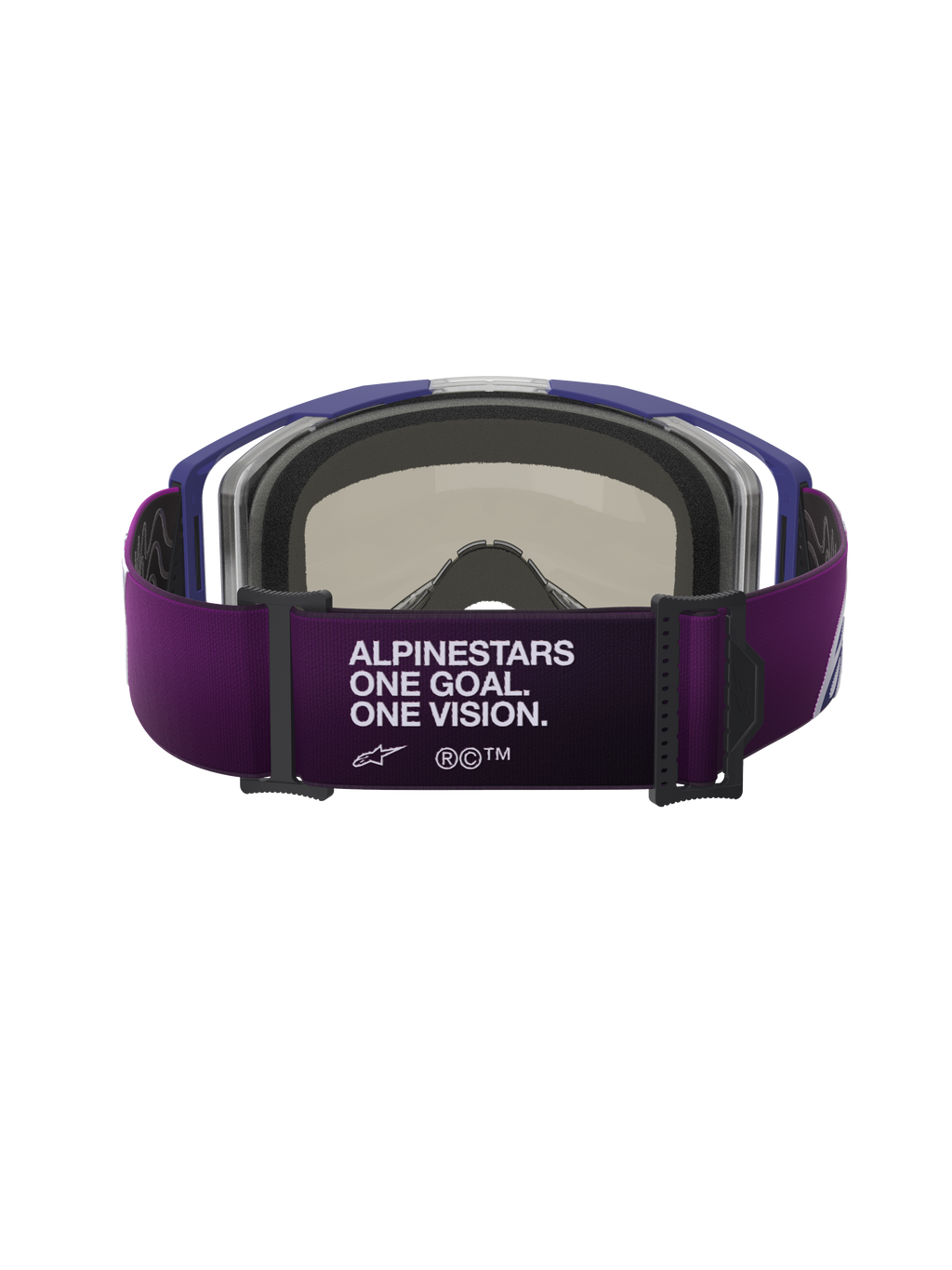 Alpinestars Vision 8 Corp goggles, set bagfra, lilla rem med hvid "ALPINESTARS ONE GOAL. ONE VISION." tekst, gråt 3D-formet ansigtsskum, lilla ramme, performance motocross-goggles