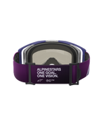 Alpinestars Vision 8 Corp goggles, set bagfra, lilla rem med hvid "ALPINESTARS ONE GOAL. ONE VISION." tekst, gråt 3D-formet ansigtsskum, lilla ramme, performance motocross-goggles