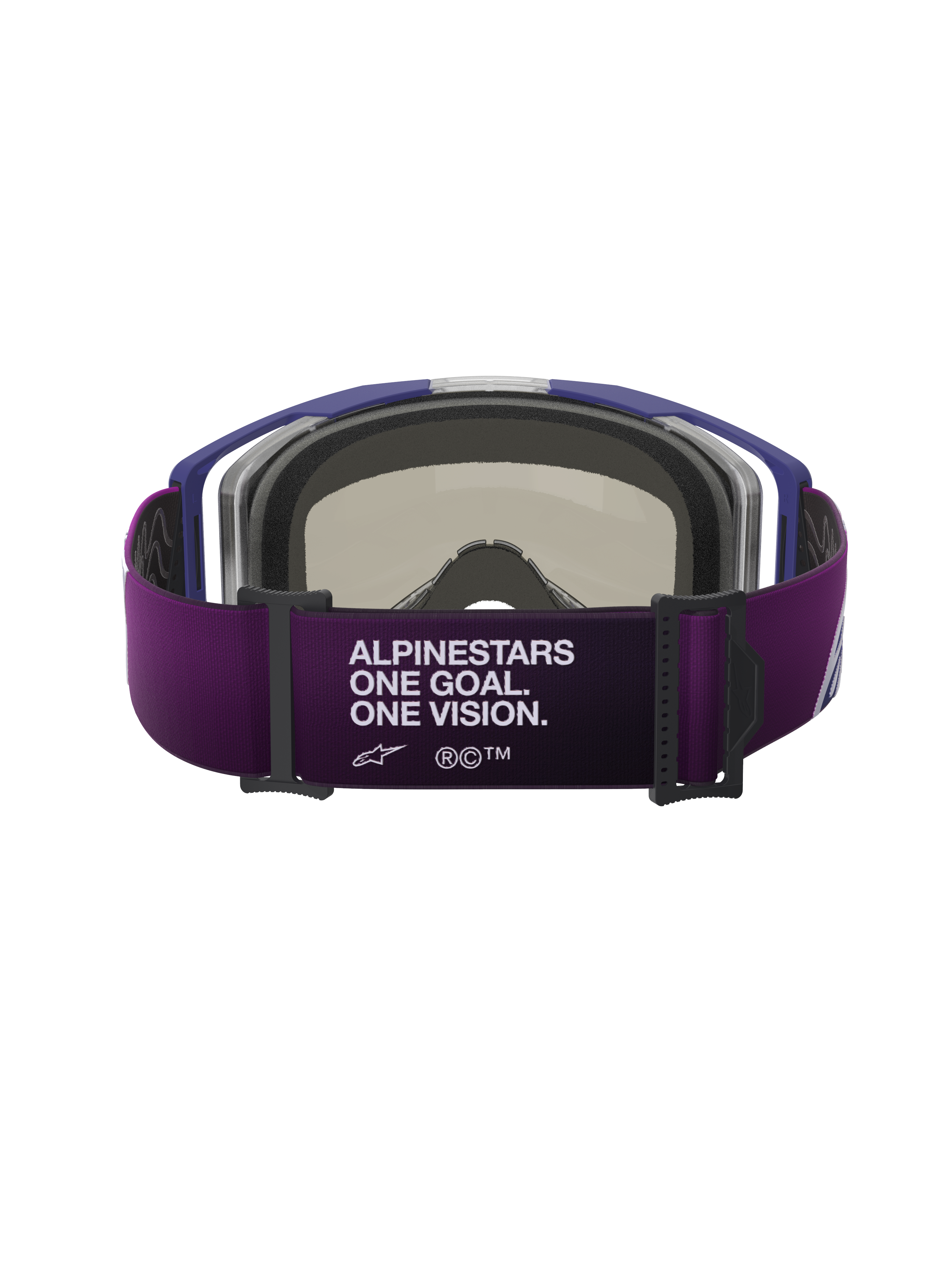 Alpinestars Vision 8 Corp goggles, set bagfra, lilla rem med hvid "ALPINESTARS ONE GOAL. ONE VISION." tekst, gråt 3D-formet ansigtsskum, lilla ramme, performance motocross-goggles
