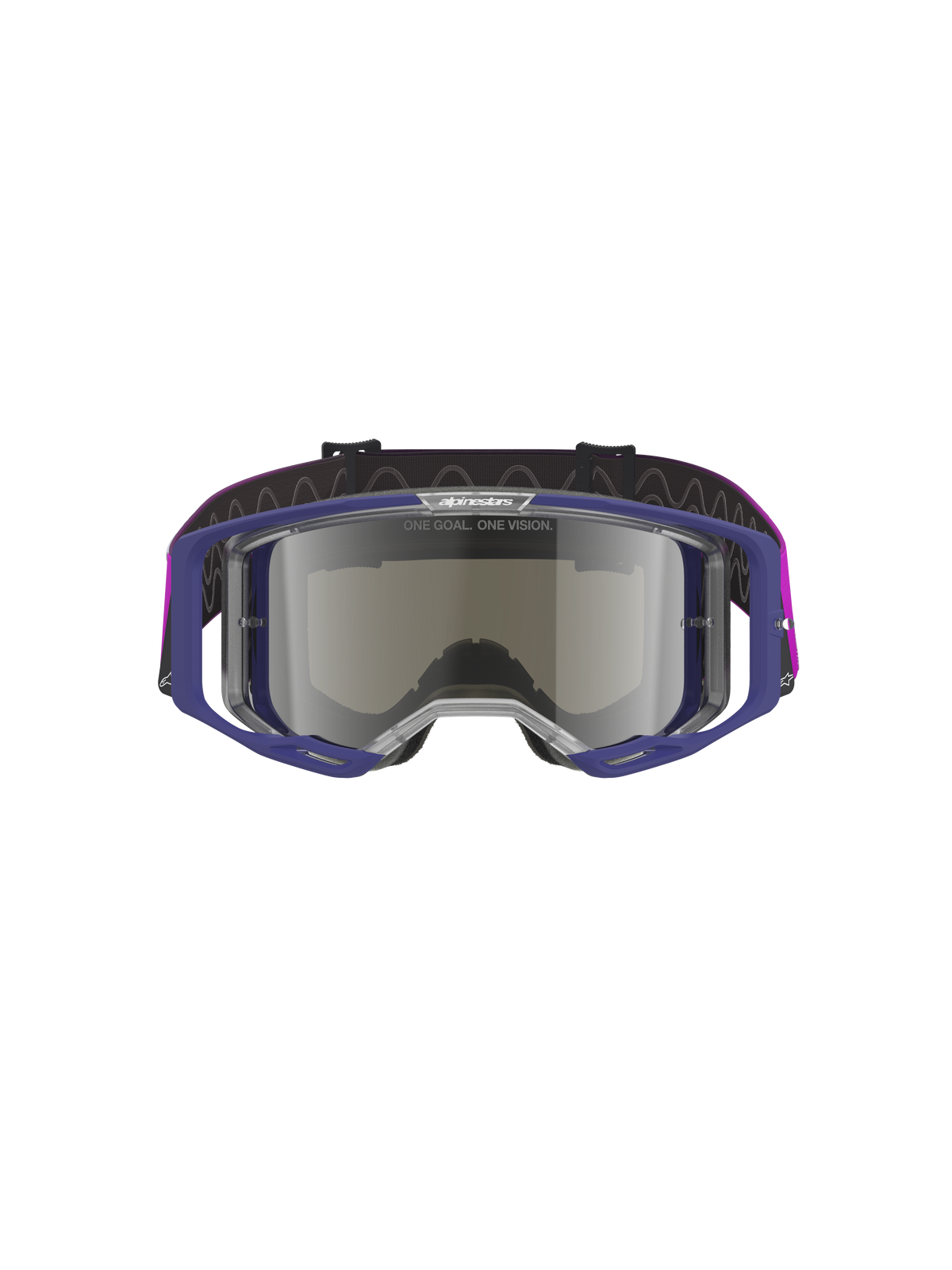 Alpinestars Vision 8 Corp Goggles, motocrossbriller med lilla ramme og lysgrå spejlsølv-linse, A-FLEX letvægtskonstruktion, RAM-AIR ventilation, "ONE GOAL. ONE VISION." branding på linsen, lilla rem, professionel off-road øjenbeskyttelse