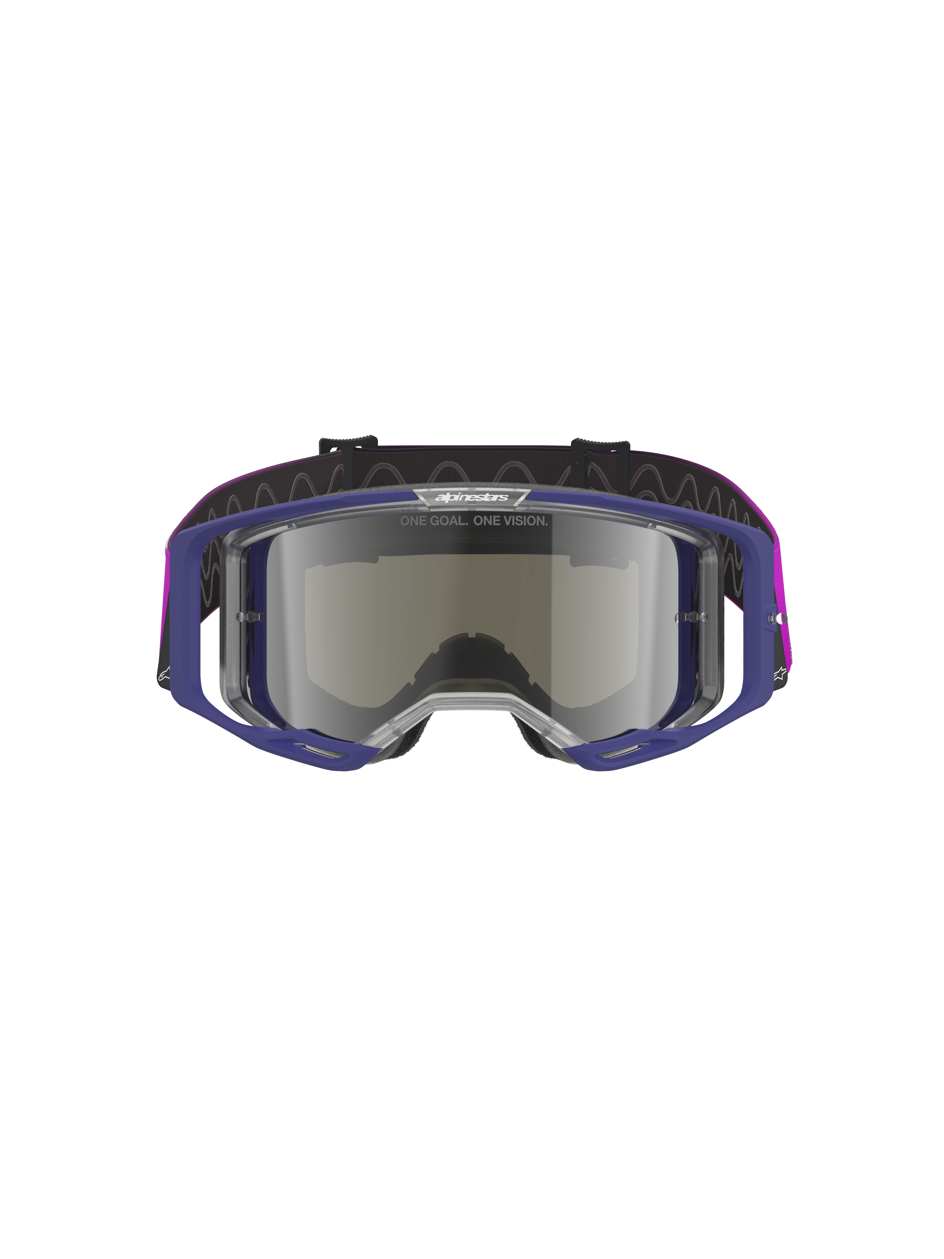 Alpinestars Vision 8 Corp Goggles, motocrossbriller med lilla ramme og lysgrå spejlsølv-linse, A-FLEX letvægtskonstruktion, RAM-AIR ventilation, "ONE GOAL. ONE VISION." branding på linsen, lilla rem, professionel off-road øjenbeskyttelse