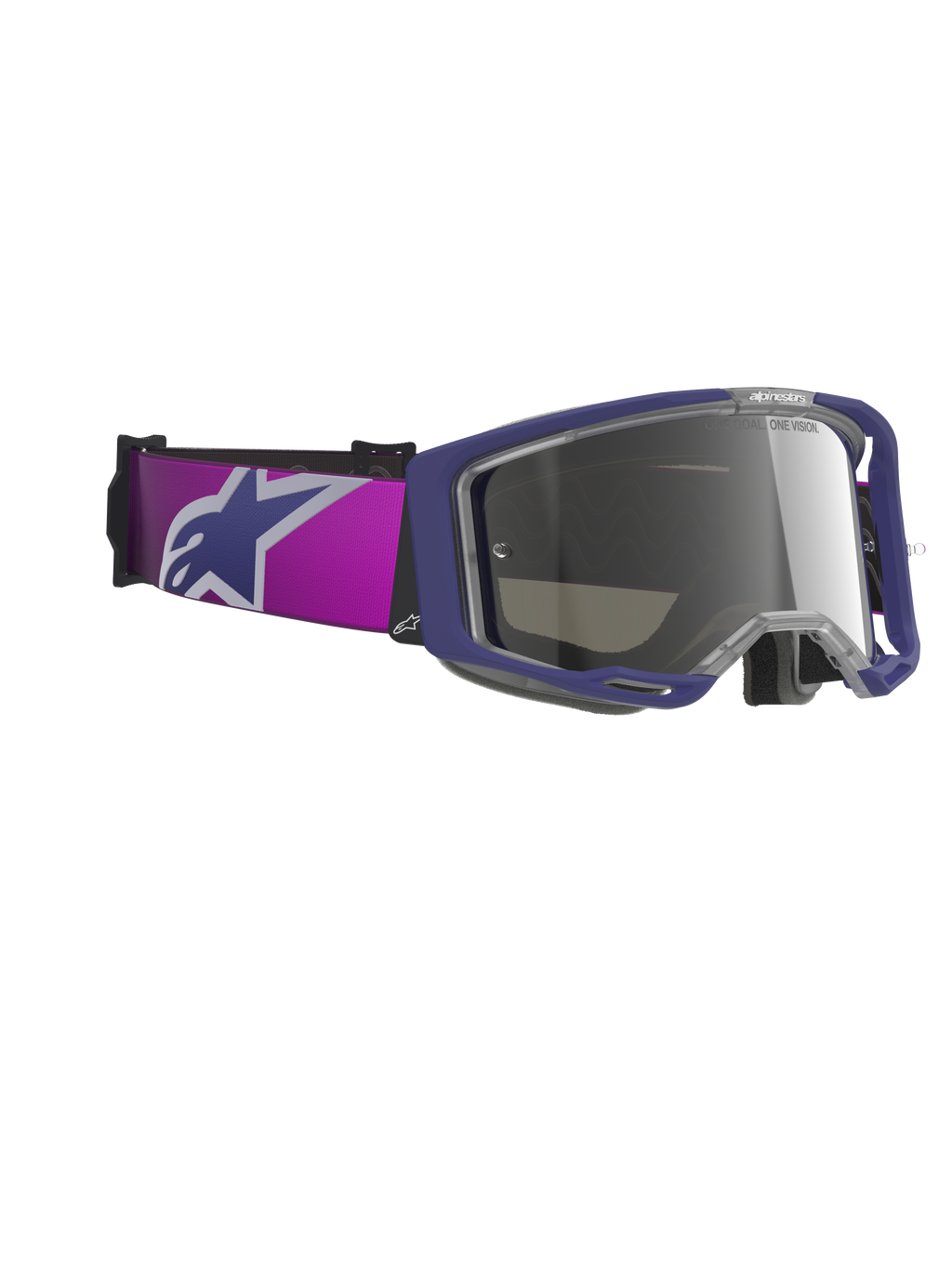 Alpinestars Vision 8 Corp Goggles, motocross-briller, lilla stel med Light Gray Mirror Silver-linse, med en bred lilla rem med et stort Alpinestars-logo, A-FLEX-steldesign og tonet spejllinse, professionelle briller til terrænkørsel
