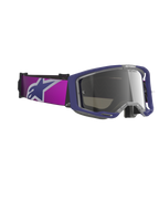 Alpinestars Vision 8 Corp Goggles, motocross-briller, lilla stel med Light Gray Mirror Silver-linse, med en bred lilla rem med et stort Alpinestars-logo, A-FLEX-steldesign og tonet spejllinse, professionelle briller til terrænkørsel