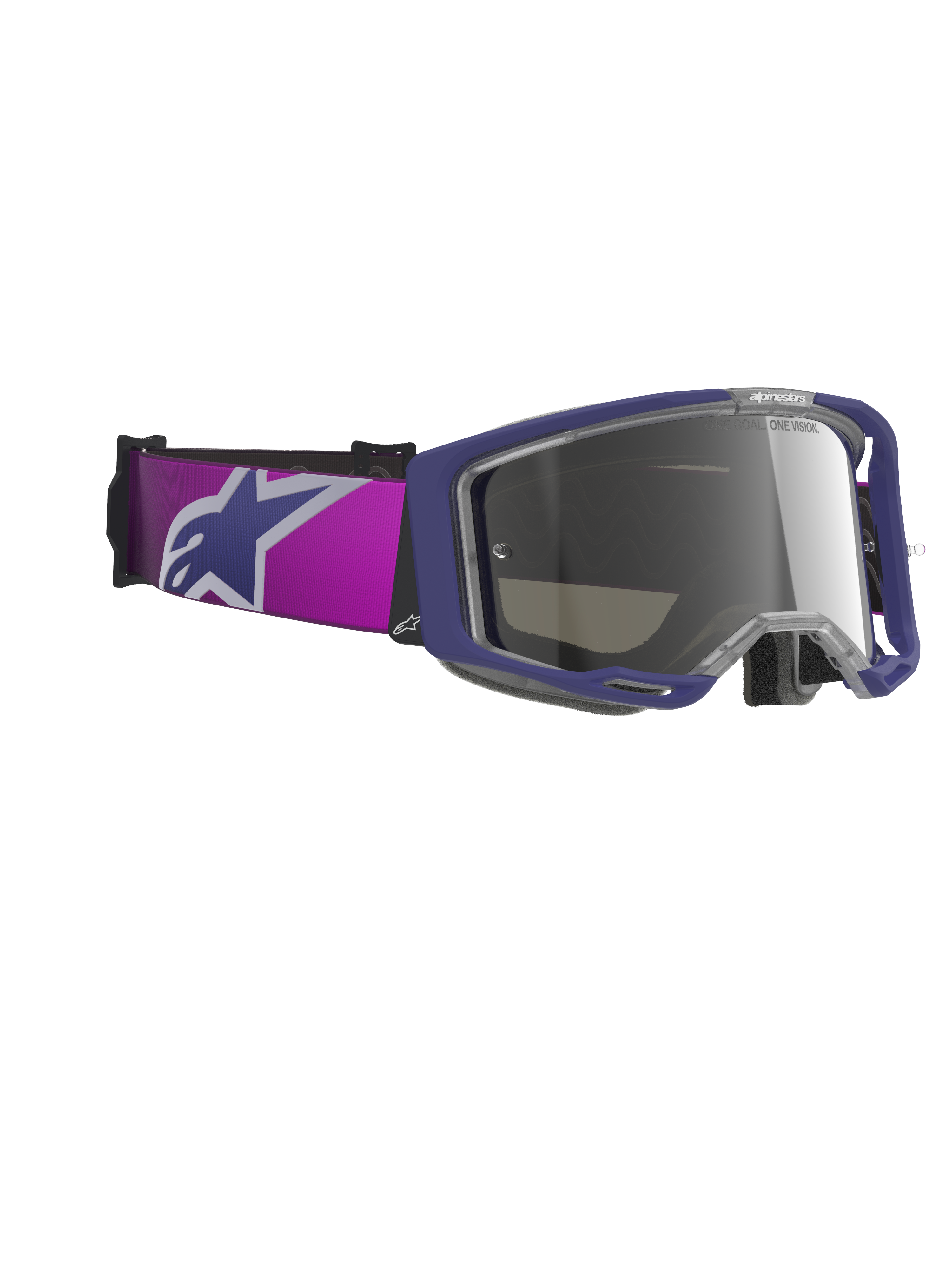 Alpinestars Vision 8 Corp Goggles, motocross-briller, lilla stel med Light Gray Mirror Silver-linse, med en bred lilla rem med et stort Alpinestars-logo, A-FLEX-steldesign og tonet spejllinse, professionelle briller til terrænkørsel