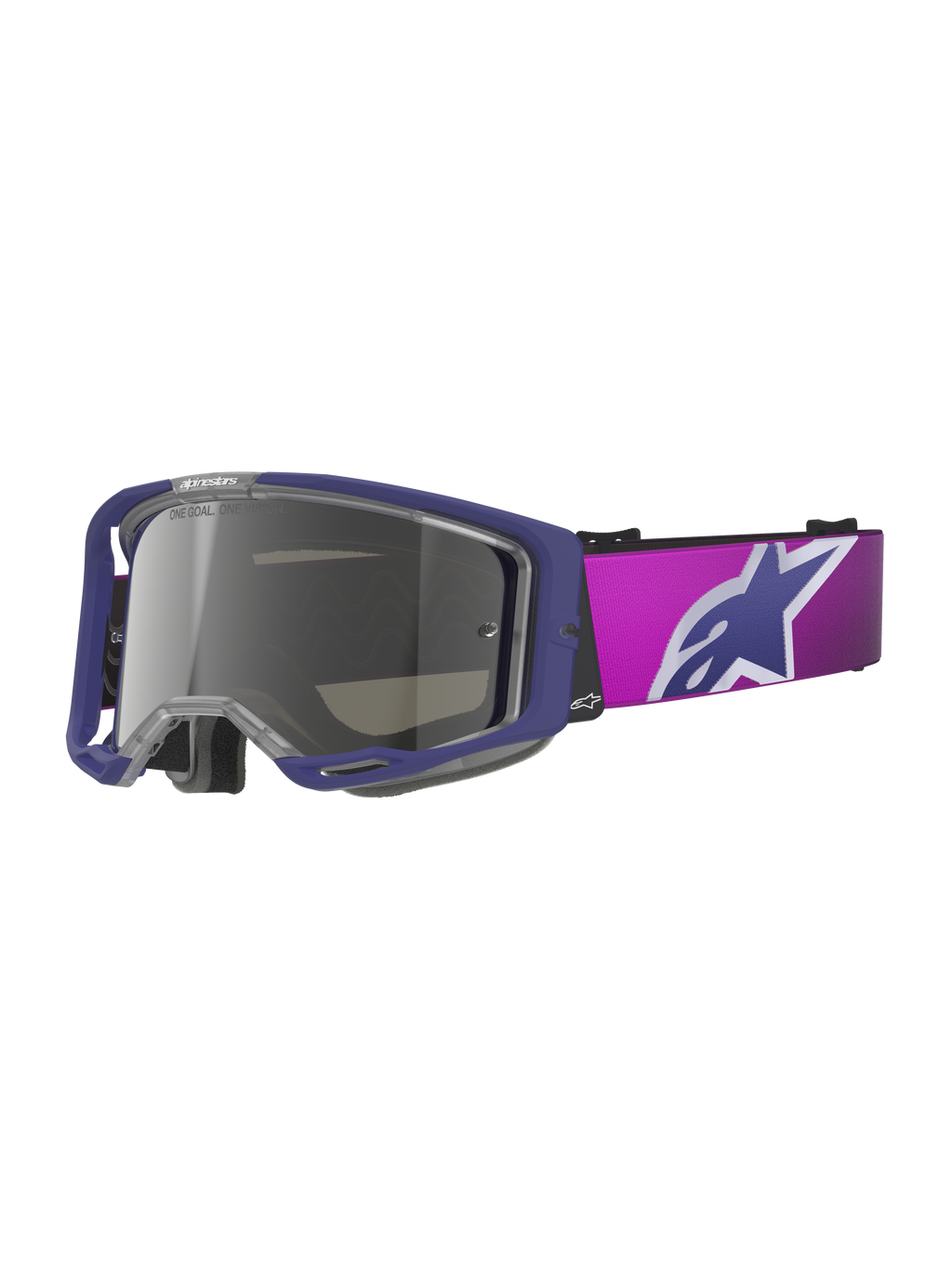 Alpinestars Vision 8 Corp-briller, motocross-briller, lilla og pink med Light Gray Mirror Silver-linse, med et stort Alpinestars-stjernelogo på remmen, letvægts A-FLEX-rammedesign til terrænkørsel