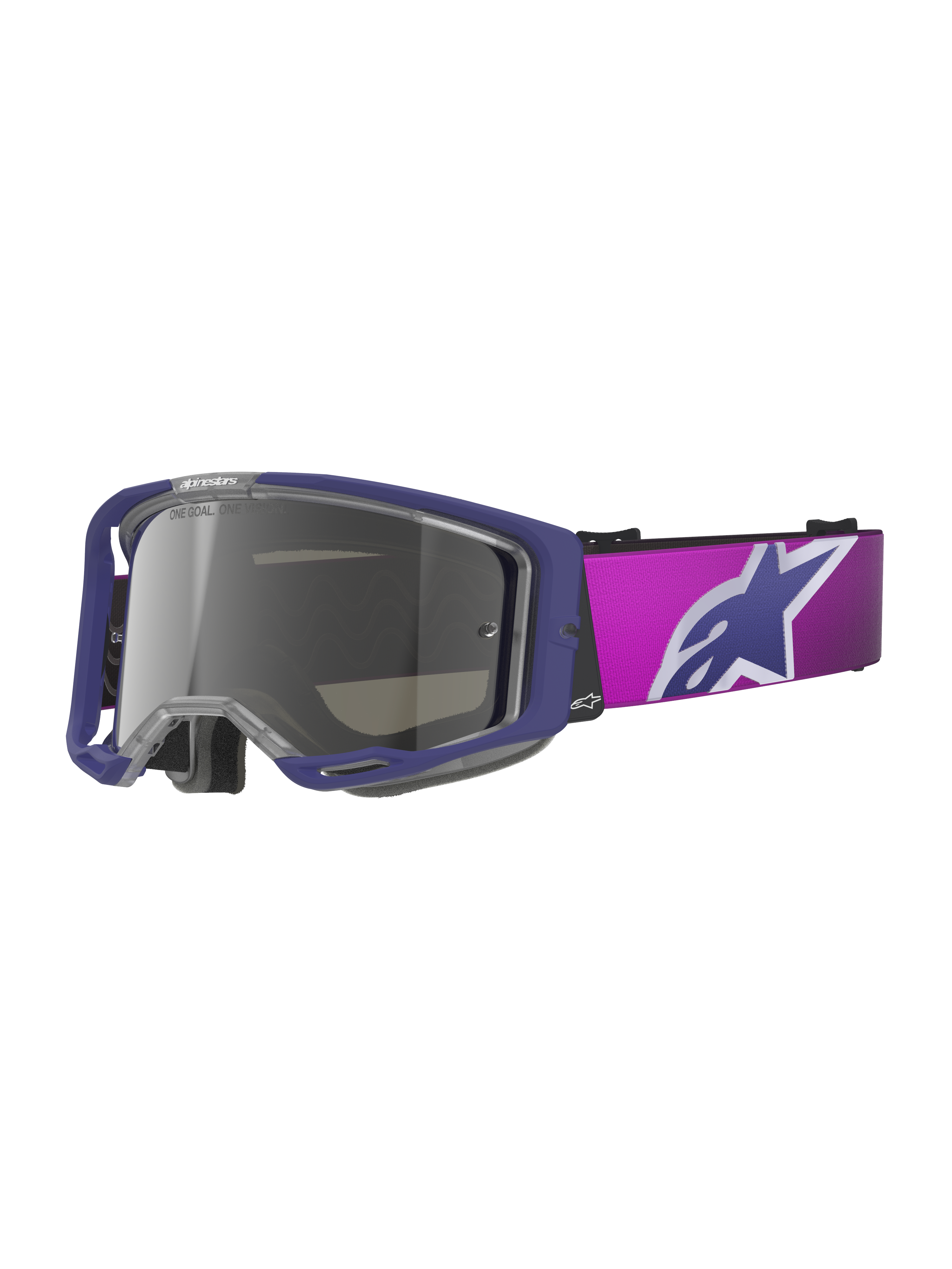 Alpinestars Vision 8 Corp-briller, motocross-briller, lilla og pink med Light Gray Mirror Silver-linse, med et stort Alpinestars-stjernelogo på remmen, letvægts A-FLEX-rammedesign til terrænkørsel
