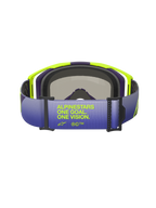 Alpinestars Vision 8 Corp Goggles, set bagfra med fokus på den lilla og blå rem med farveovergang, med teksten 'ALPINESTARS ONE GOAL. ONE VISION.' i fluorescerende gul, pangul og lilla A-FLEX-ramme med sort ansigtsskum, professionelle motocross-briller.