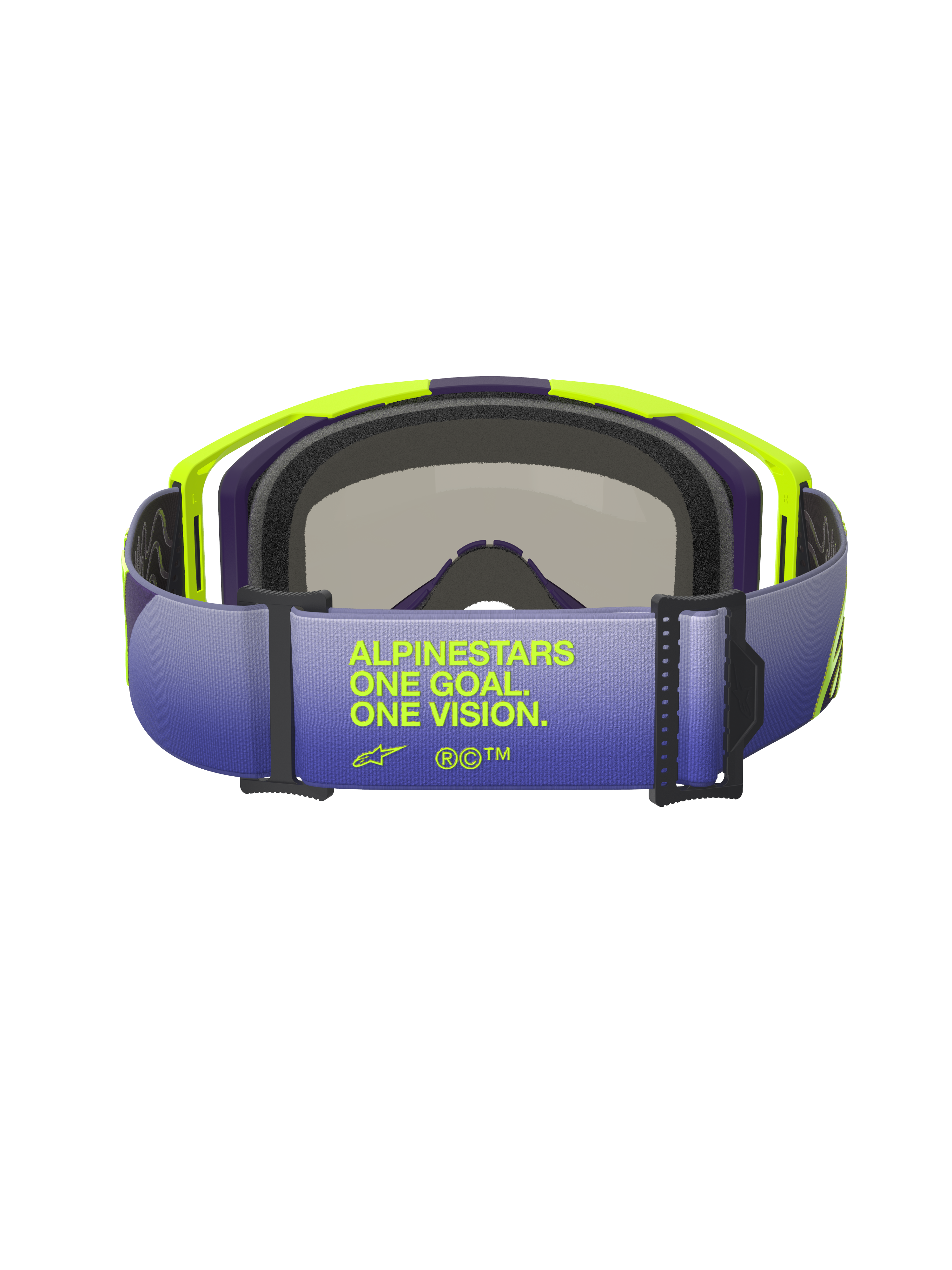 Alpinestars Vision 8 Corp Goggles, set bagfra med fokus på den lilla og blå rem med farveovergang, med teksten 'ALPINESTARS ONE GOAL. ONE VISION.' i fluorescerende gul, pangul og lilla A-FLEX-ramme med sort ansigtsskum, professionelle motocross-briller.