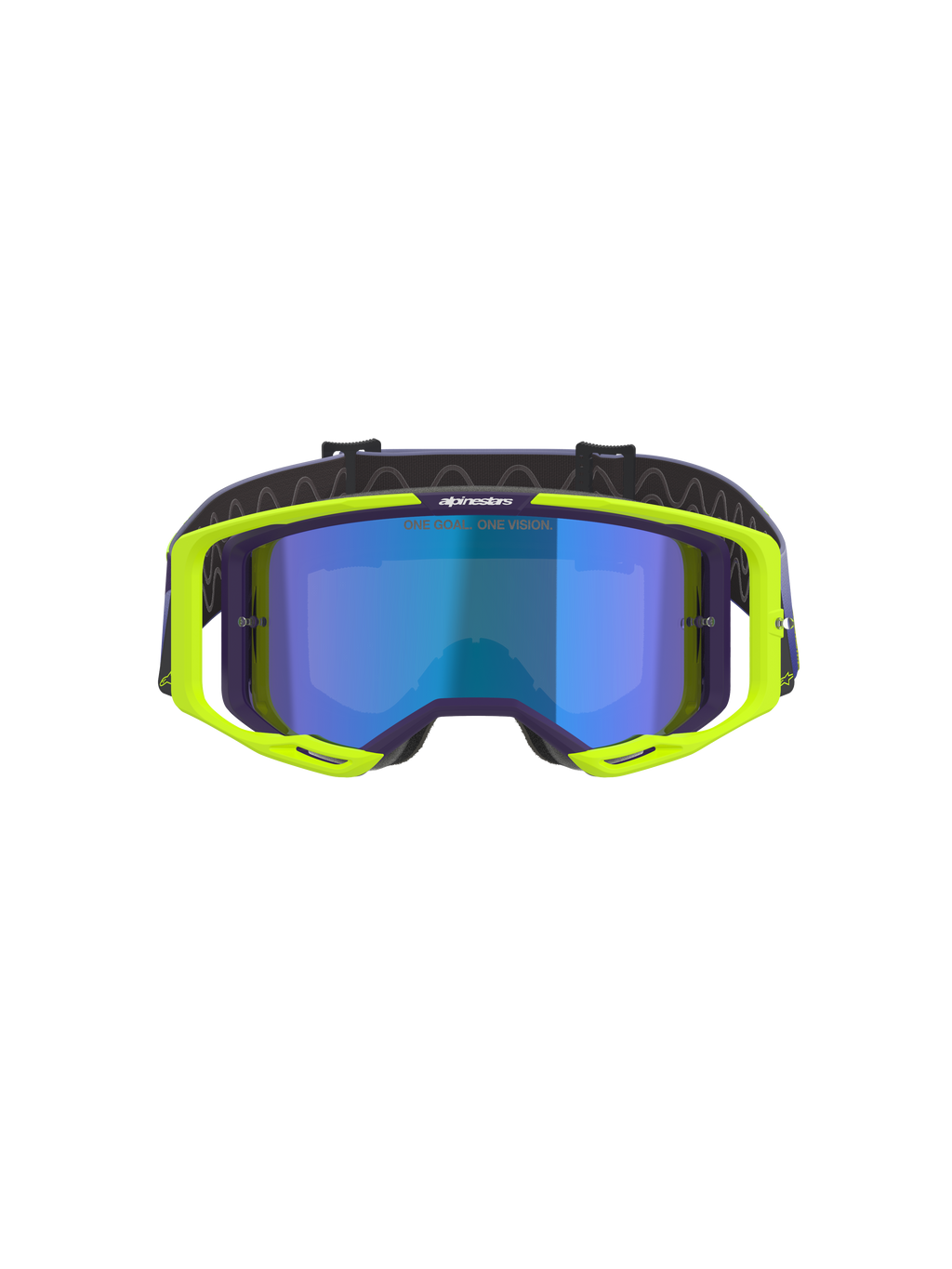 Alpinestars Vision 8 Corp Goggles, motocross-briller, lilla og gul fluo, med en blå spejltonet linse, fluorescerende gul A-FLEX-ramme med lilla detaljer og en justerbar lilla rem, højtydende udstyr til terrænkørsel