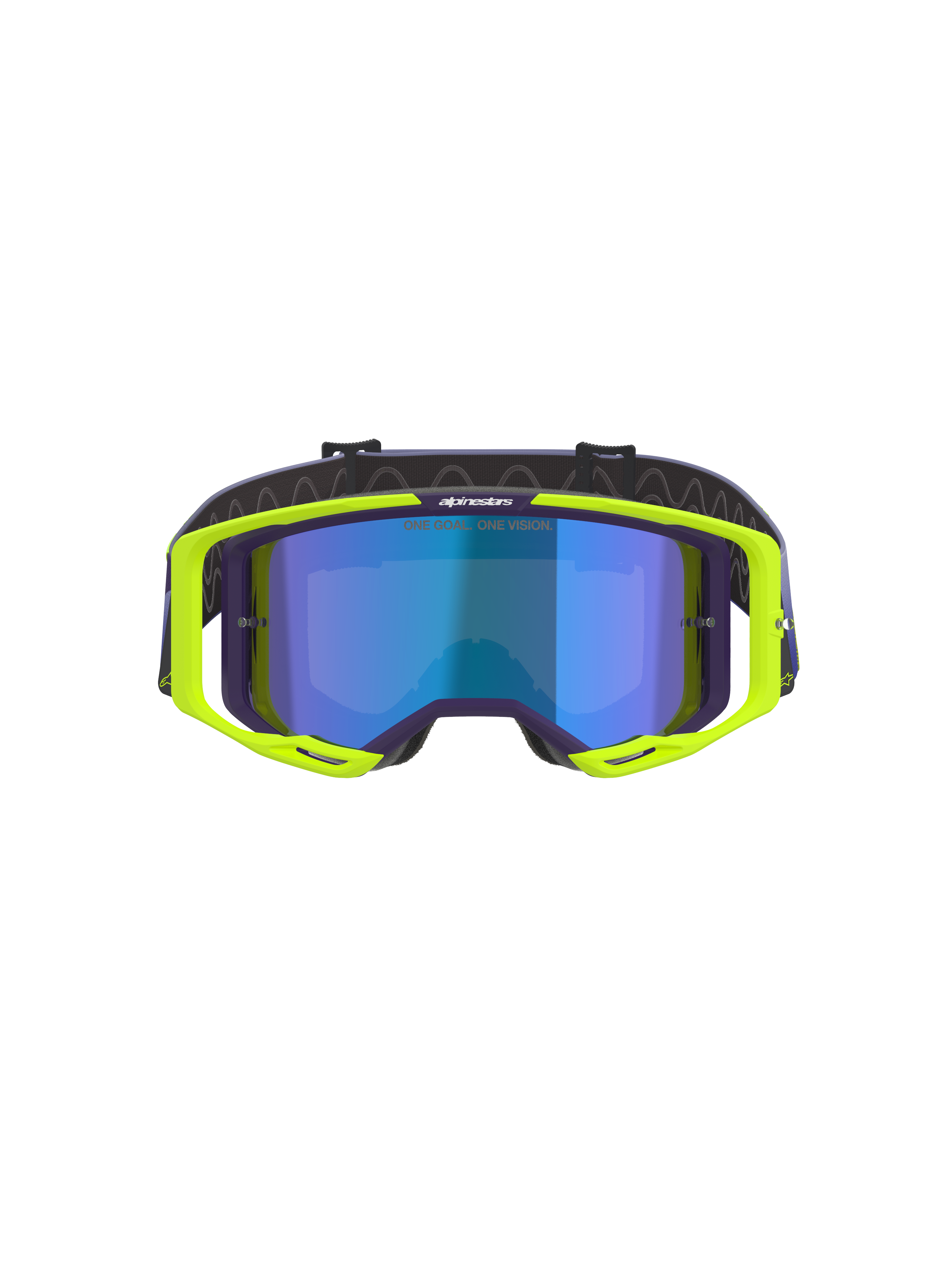 Alpinestars Vision 8 Corp Goggles, motocross-briller, lilla og gul fluo, med en blå spejltonet linse, fluorescerende gul A-FLEX-ramme med lilla detaljer og en justerbar lilla rem, højtydende udstyr til terrænkørsel