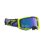 Alpinestars Vision 8 Corp-briller, motocross-briller, lilla og fluoriserende gul, med blå spejllinse, bred lilla rem med markant gult Alpinestars-logo, fleksibel ramme med ventilationsdetaljer til terrænkørsel