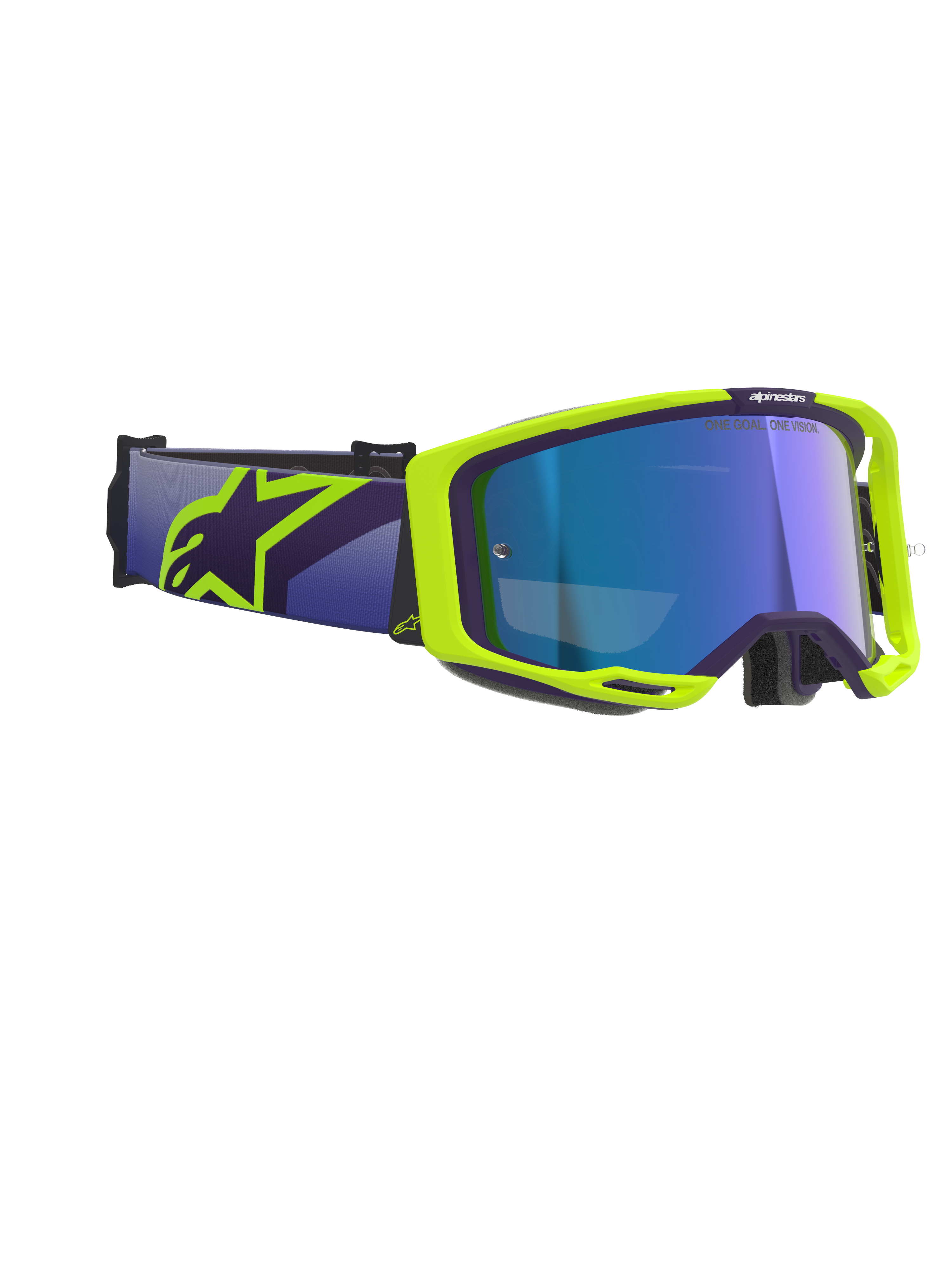 Alpinestars Vision 8 Corp-briller, motocross-briller, lilla og fluoriserende gul, med blå spejllinse, bred lilla rem med markant gult Alpinestars-logo, fleksibel ramme med ventilationsdetaljer til terrænkørsel