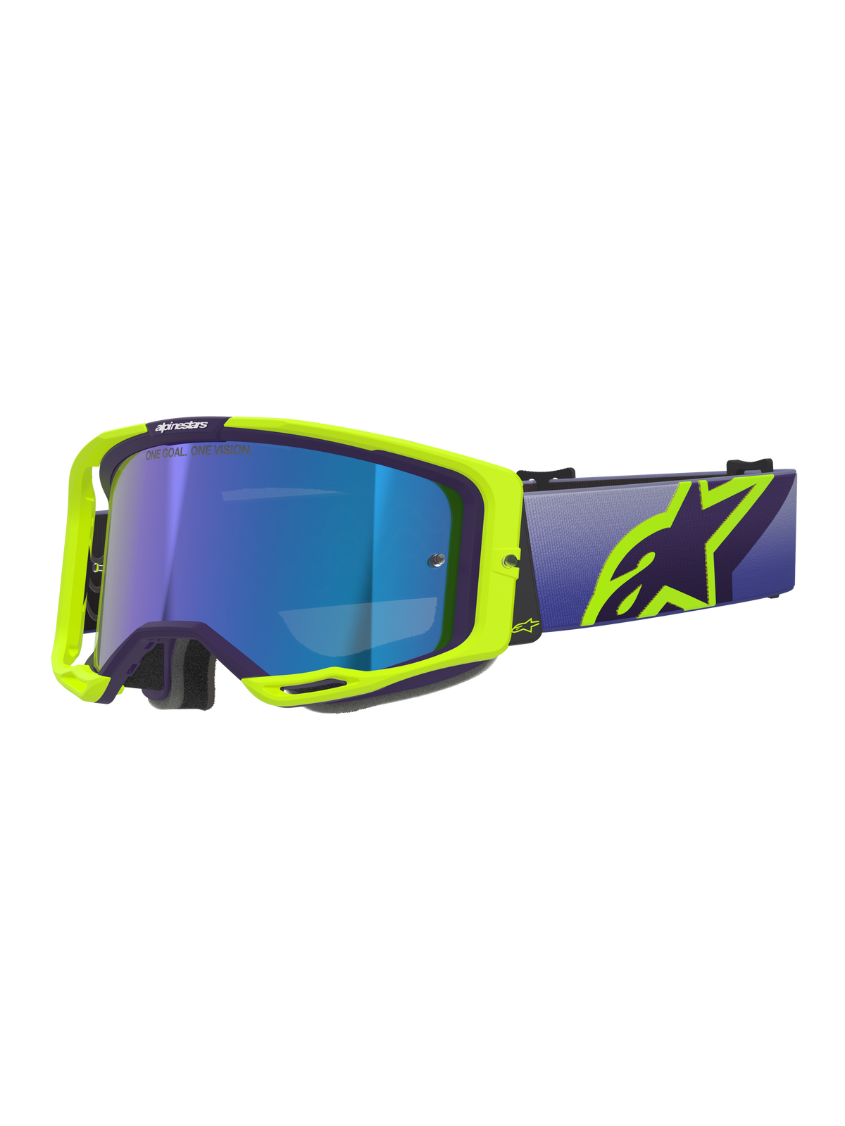 Alpinestars Vision 8 Corp goggles, motocross-briller, lilla og neon-gul ramme med Mirror Blue-tonet linse, bred lilla rem og markant gult Alpinestars-logo, højtydende briller til off-road racing