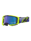 Alpinestars Vision 8 Corp goggles, motocross-briller, lilla og neon-gul ramme med Mirror Blue-tonet linse, bred lilla rem og markant gult Alpinestars-logo, højtydende briller til off-road racing