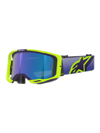 Alpinestars Vision 8 Corp goggles, motocross-briller, lilla og neon-gul ramme med Mirror Blue-tonet linse, bred lilla rem og markant gult Alpinestars-logo, højtydende briller til off-road racing