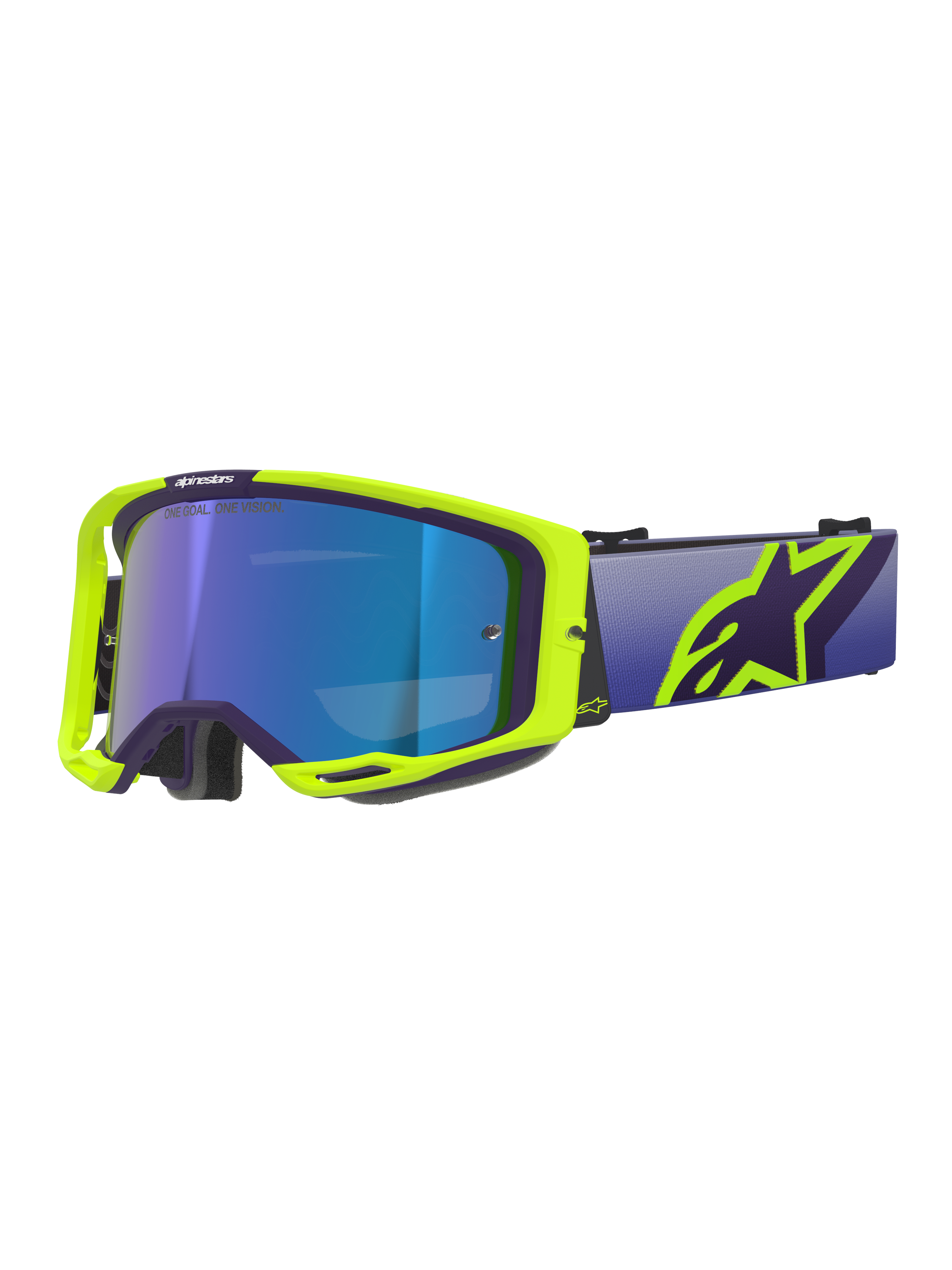 Alpinestars Vision 8 Corp goggles, motocross-briller, lilla og neon-gul ramme med Mirror Blue-tonet linse, bred lilla rem og markant gult Alpinestars-logo, højtydende briller til off-road racing