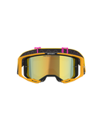 Alpinestars Vision 8 Corp Goggles, Motocross Goggles, Orange Yellow Pink Mirror Gold, front view featuring a mirrored gold lens with 'ONE GOAL. ONE VISION.' text, bright orange frame, and black strap with pink clips and wavy line patterns.