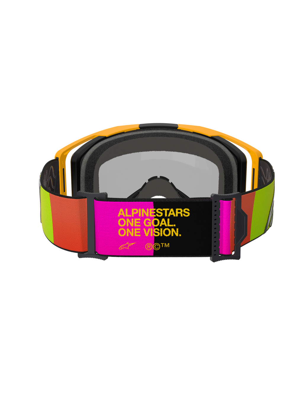 Alpinestars Vision 8 Corp Goggles, Motocross Goggles, Yellow and Pink, rear view featuring adjustable strap with "ALPINESTARS ONE GOAL. ONE VISION." slogan, vibrant lime and orange accents, yellow frame with grey face foam.