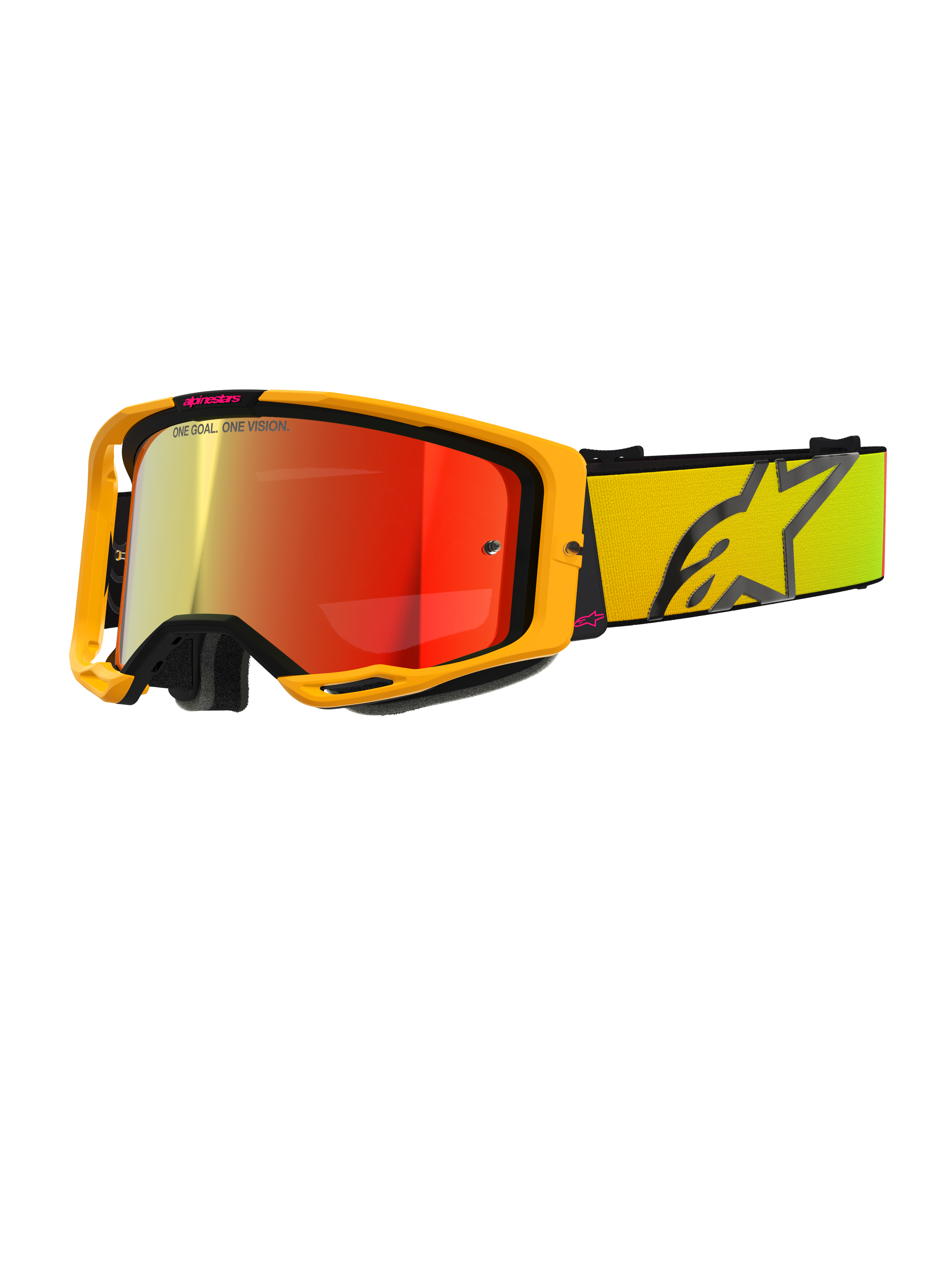 Alpinestars Vision 8 Corp Goggles, gule og lyserøde motocross-beskyttelsesbriller, rød spejlreflekterende linse, bred gul rem med stort sort stjernelogo, 'ONE GOAL. ONE VISION.' branding, professionelle briller til terrænkørsel