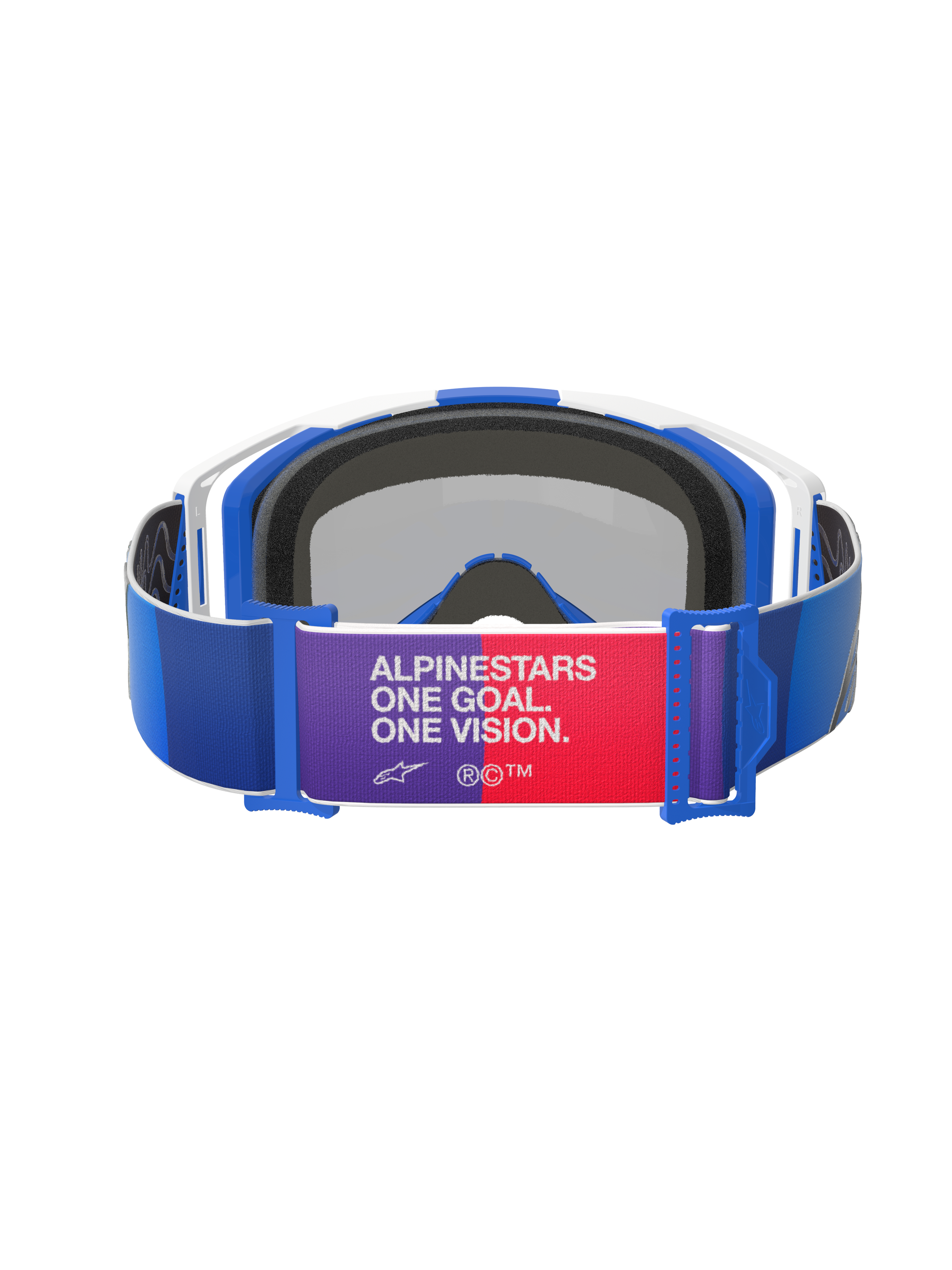 Alpinestars Vision 8 Corp Goggles, blå, hvid og Mirror Blue, set bagfra, blå strop med lilla og rødt centralt mærke med teksten "ALPINESTARS ONE GOAL. ONE VISION.", hvid og blå ramme med sort skumpolstring, motocross-briller