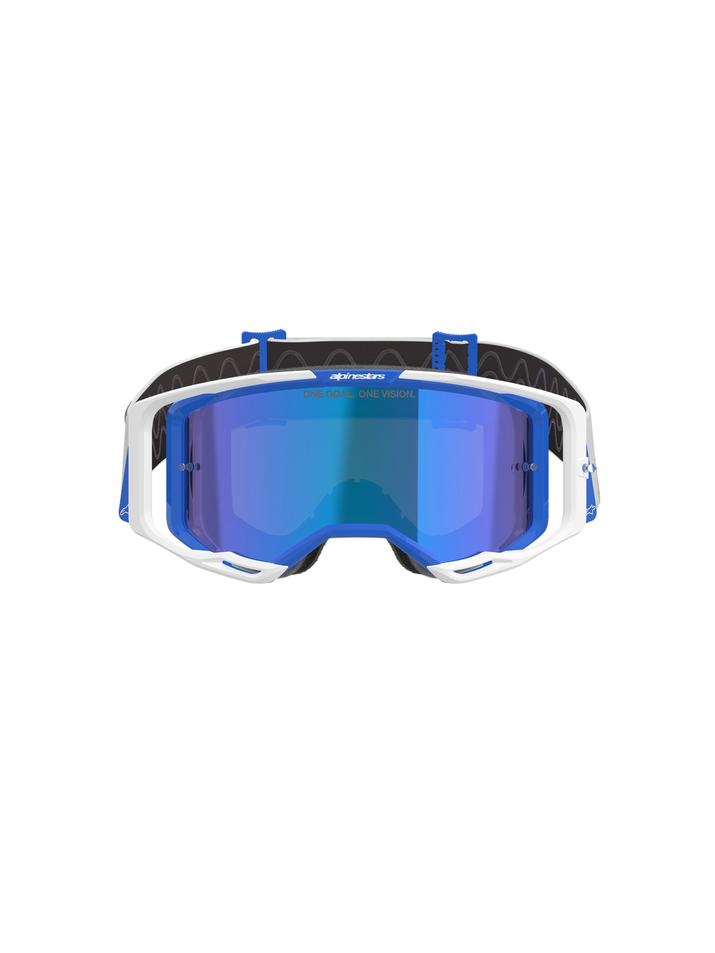 Alpinestars Vision 8 Corp goggles, motocross-briller, blå og hvide med Mirror Blue linse, med en hvid yderramme, blå indvendige detaljer og 'One Goal. One Vision.' branding på spejllinsen, designet til off-road racing ydeevne.