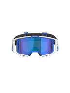 Alpinestars Vision 8 Corp goggles, motocross-briller, blå og hvide med Mirror Blue linse, med en hvid yderramme, blå indvendige detaljer og 'One Goal. One Vision.' branding på spejllinsen, designet til off-road racing ydeevne.