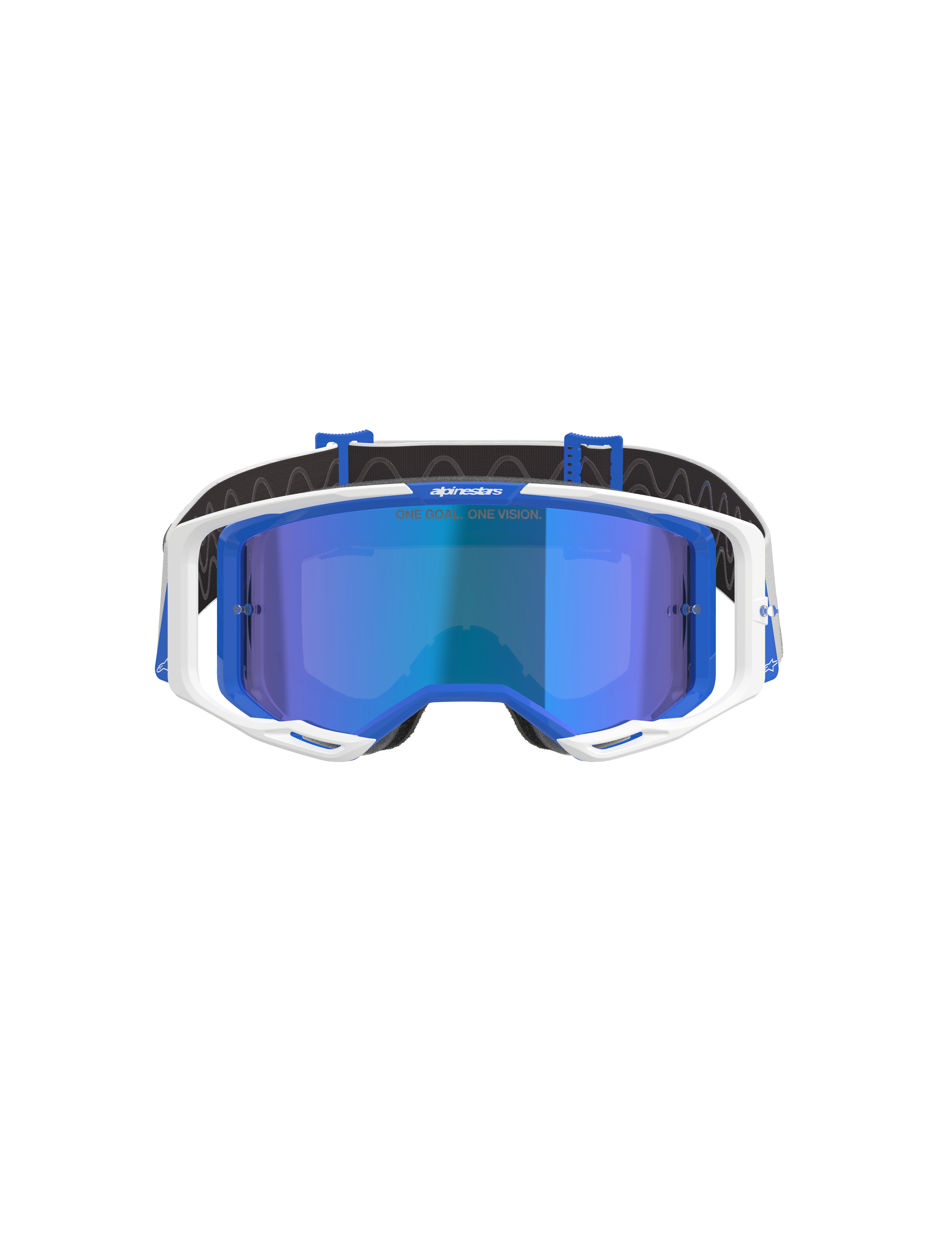 Alpinestars Vision 8 Corp goggles, motocross-briller, blå og hvide med Mirror Blue linse, med en hvid yderramme, blå indvendige detaljer og 'One Goal. One Vision.' branding på spejllinsen, designet til off-road racing ydeevne.
