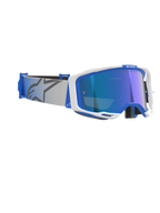 Alpinestars Vision 8 Corp Goggles, motocross-briller, blå og hvid med Mirror Blue-linse, lysegrå vævet rem med blåt stjernelogo, elegant A-FLEX-rammedesign med spejllinse til off-road-racerkørsel