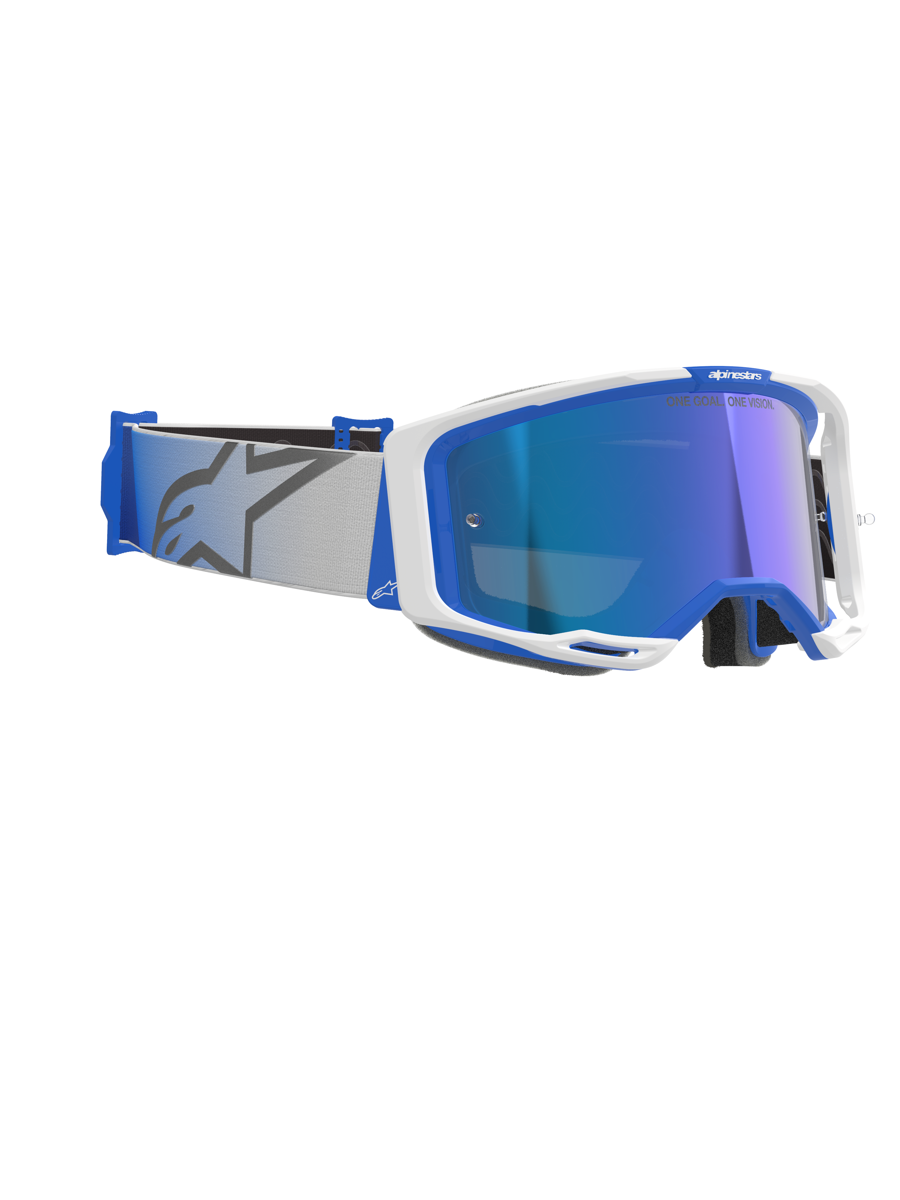Alpinestars Vision 8 Corp Goggles, motocross-briller, blå og hvid med Mirror Blue-linse, lysegrå vævet rem med blåt stjernelogo, elegant A-FLEX-rammedesign med spejllinse til off-road-racerkørsel