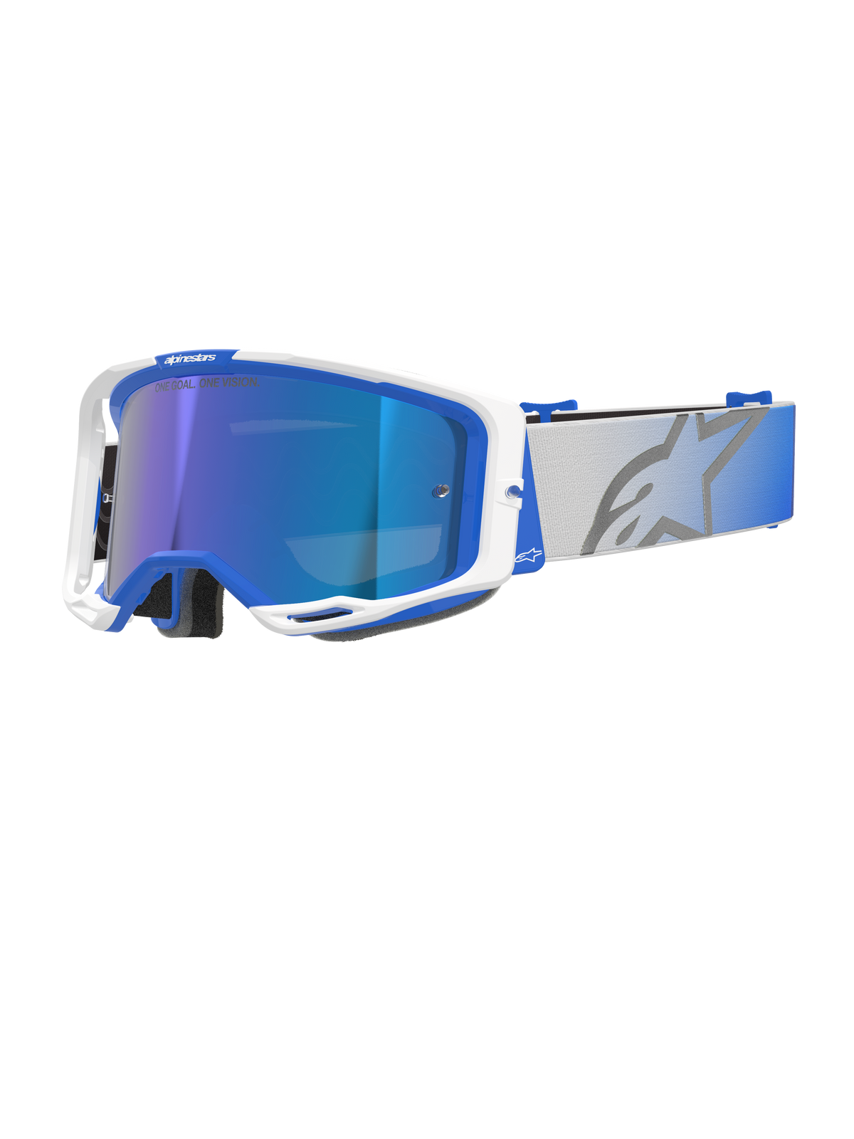 Alpinestars Vision 8 Corp briller, motocross-beskyttelsesbriller, blå og hvid ramme, spejlende blå reflekterende linse med lilla skær, bred justerbar grå rem med blå farveovergang og stort stjernelogo, RAM-AIR ventilation, "ONE GOAL. ONE VISION."-branding