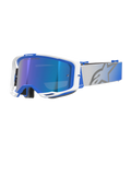 Alpinestars Vision 8 Corp briller, motocross-beskyttelsesbriller, blå og hvid ramme, spejlende blå reflekterende linse med lilla skær, bred justerbar grå rem med blå farveovergang og stort stjernelogo, RAM-AIR ventilation, "ONE GOAL. ONE VISION."-branding