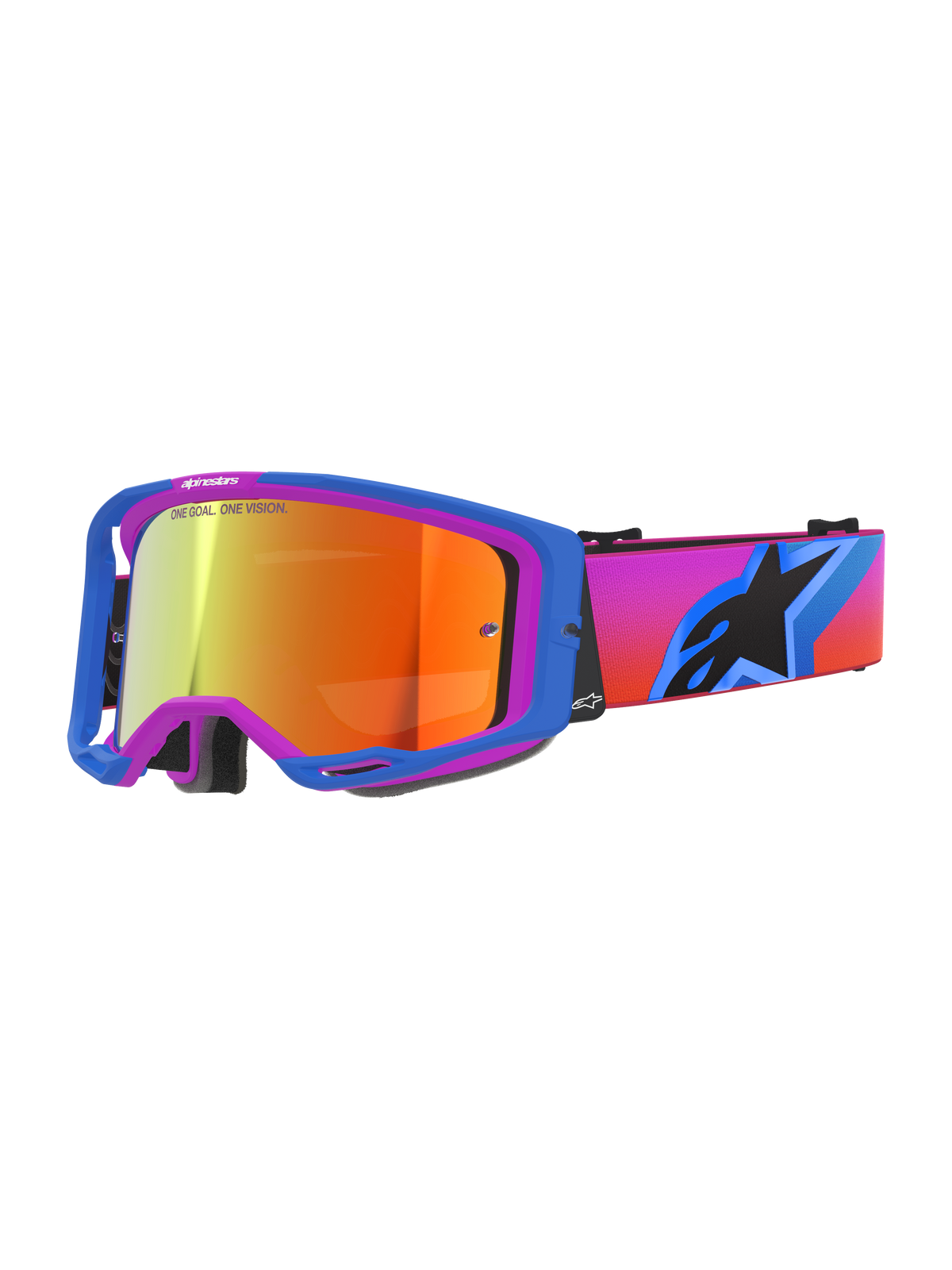 Alpinestars Vision 8 Corp Goggles, motocrossbriller med blå og lilla A-FLEX ramme, orange spejllinse med "ONE GOAL. ONE VISION." branding, gradueret pink til orange rem med et stort sort stjerne-logo, højtydende off-road øjenbeskyttelse