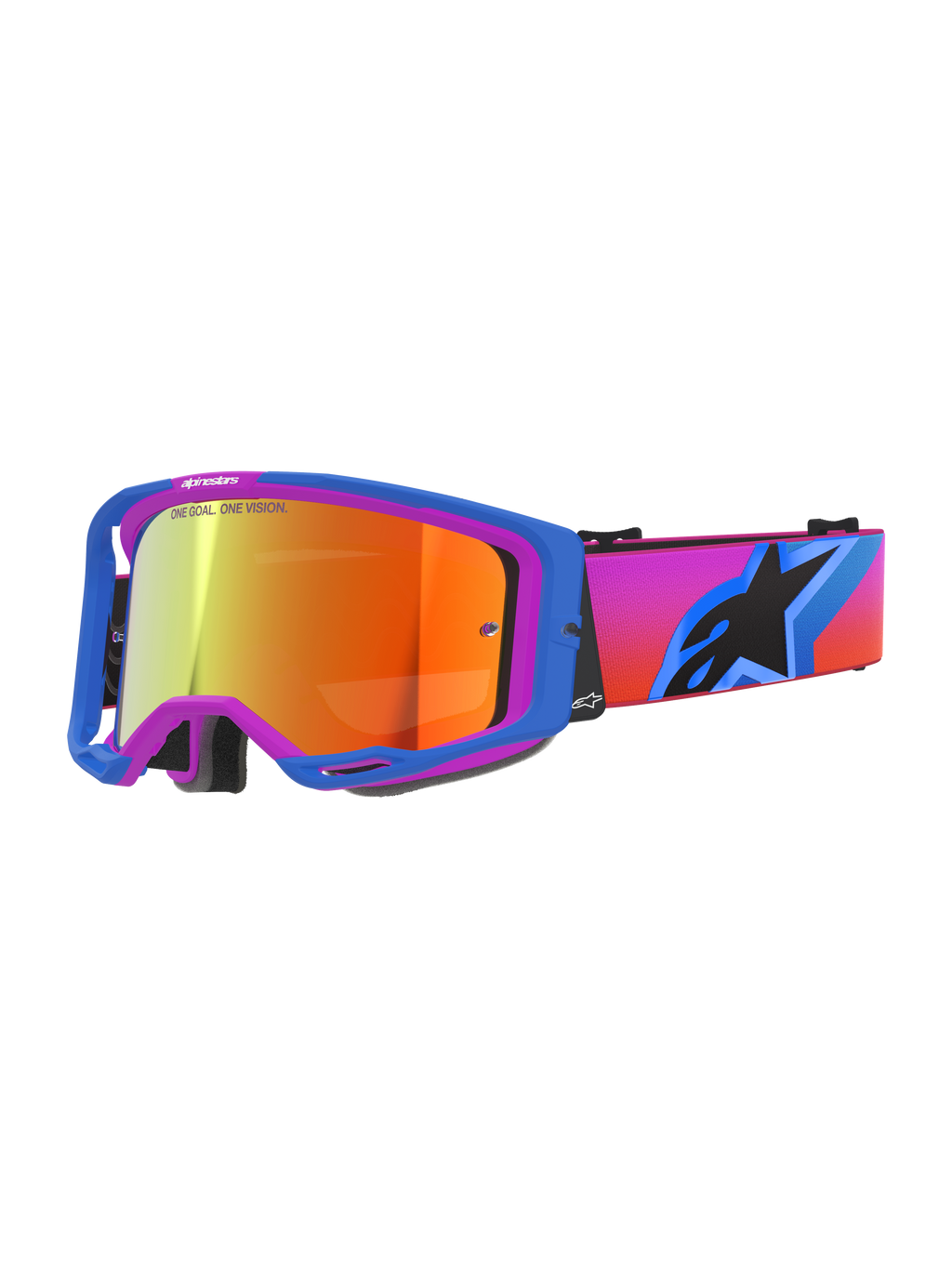 Alpinestars Vision 8 Corp Goggles, motocrossbriller med blå og lilla A-FLEX ramme, orange spejllinse med "ONE GOAL. ONE VISION." branding, gradueret pink til orange rem med et stort sort stjerne-logo, højtydende off-road øjenbeskyttelse
