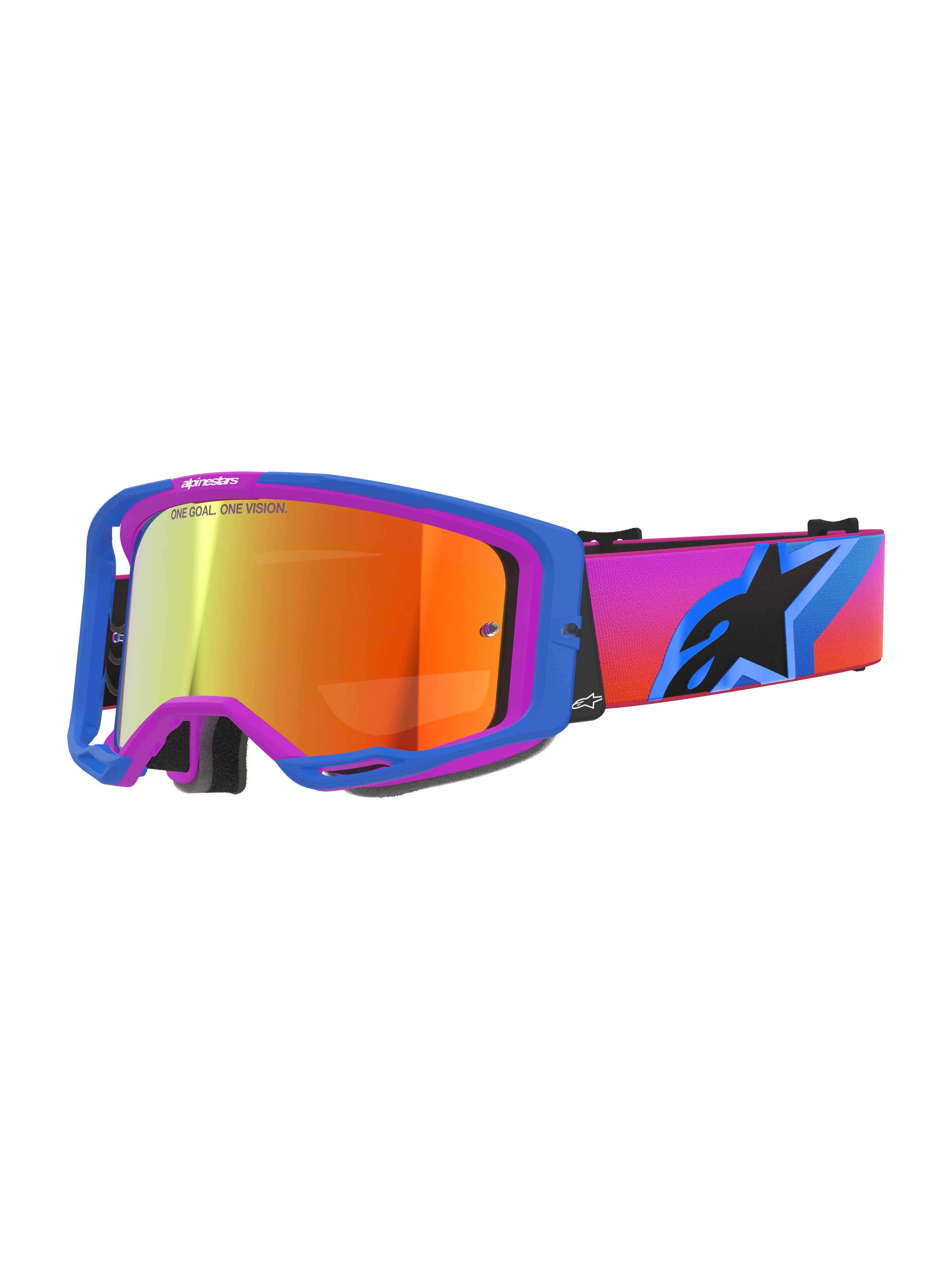 Alpinestars Vision 8 Corp Goggles, motocrossbriller med blå og lilla A-FLEX ramme, orange spejllinse med "ONE GOAL. ONE VISION." branding, gradueret pink til orange rem med et stort sort stjerne-logo, højtydende off-road øjenbeskyttelse