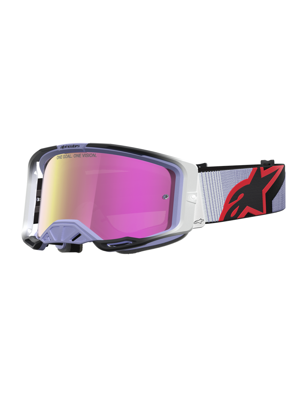 Alpinestars Vision 8 Maven Goggles, motocrossbriller i lilla og sort med pink spejllinse og anti-dug teknologi.