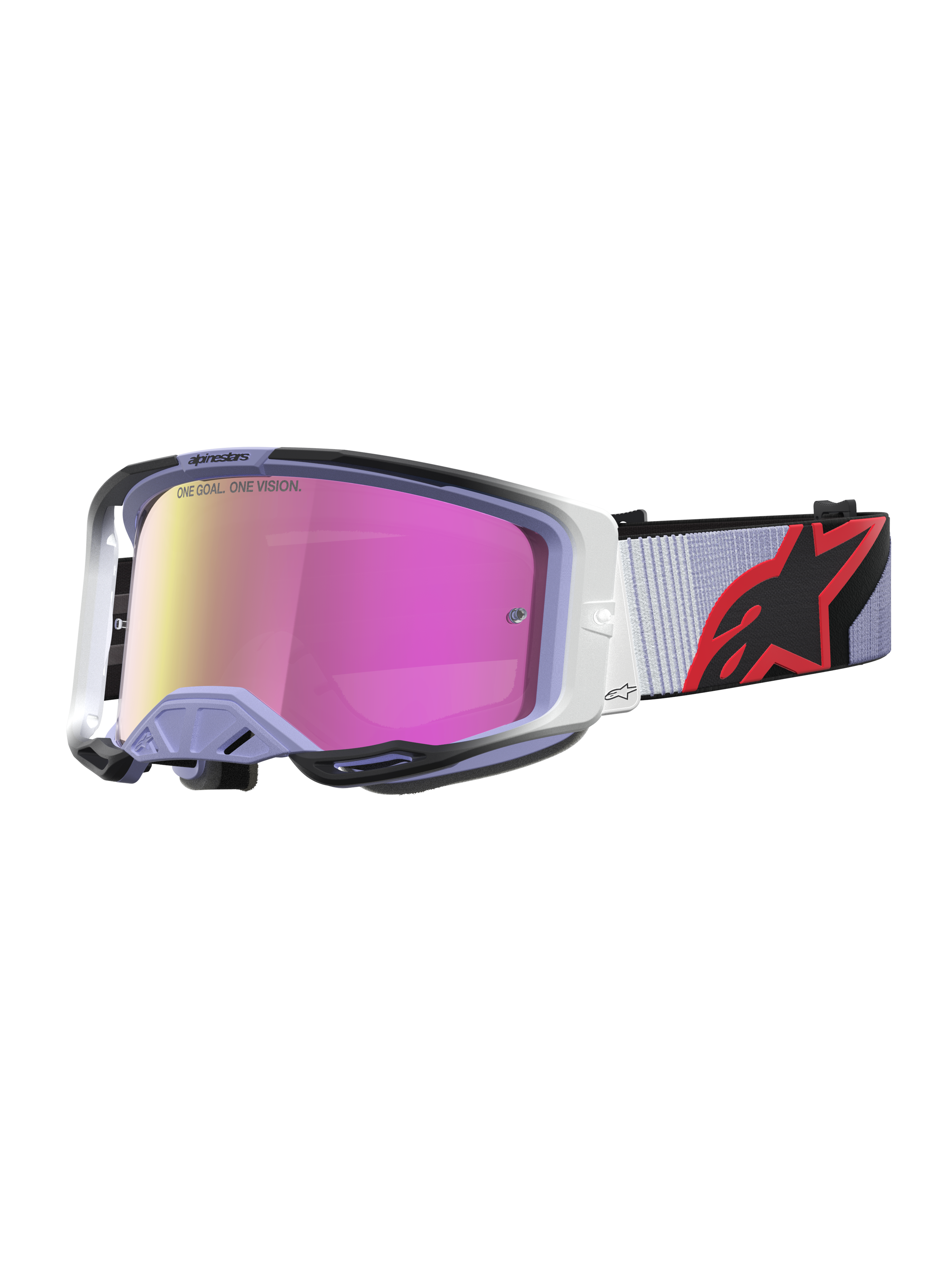 Alpinestars Vision 8 Maven Goggles, motocrossbriller i lilla og sort med pink spejllinse og anti-dug teknologi.
