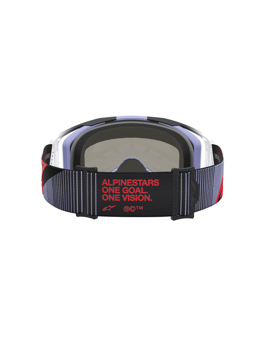 Alpinestars Vision 8 Maven motocross-goggles i lilla og sort, set bagfra med sort rem og rød One Goal. One Vision. branding.