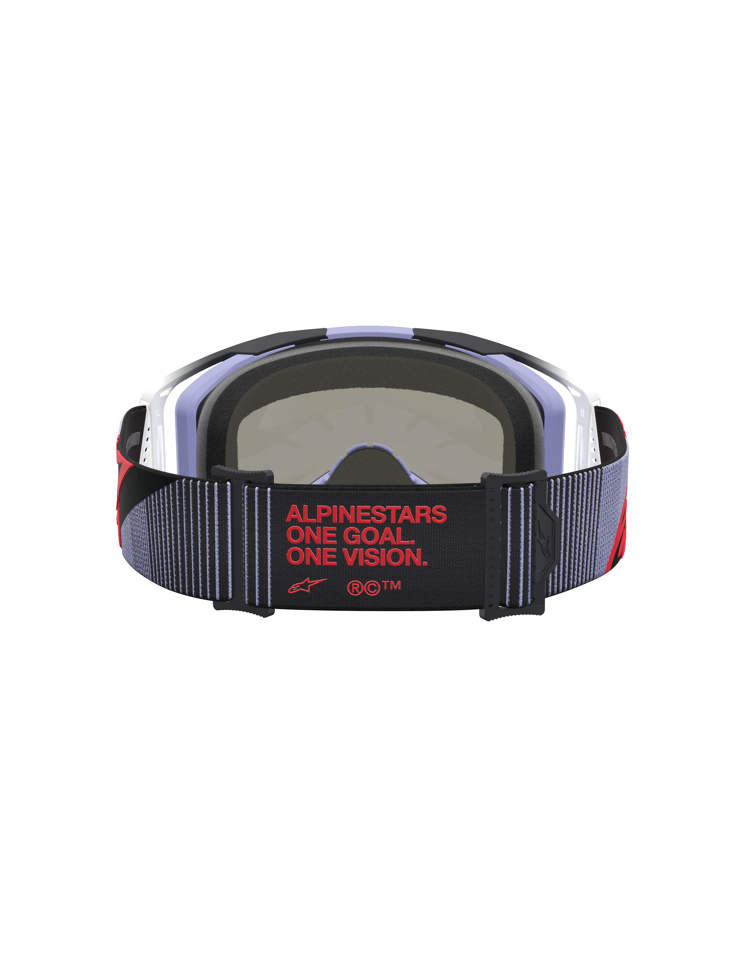 Alpinestars Vision 8 Maven motocross-goggles i lilla og sort, set bagfra med sort rem og rød One Goal. One Vision. branding.
