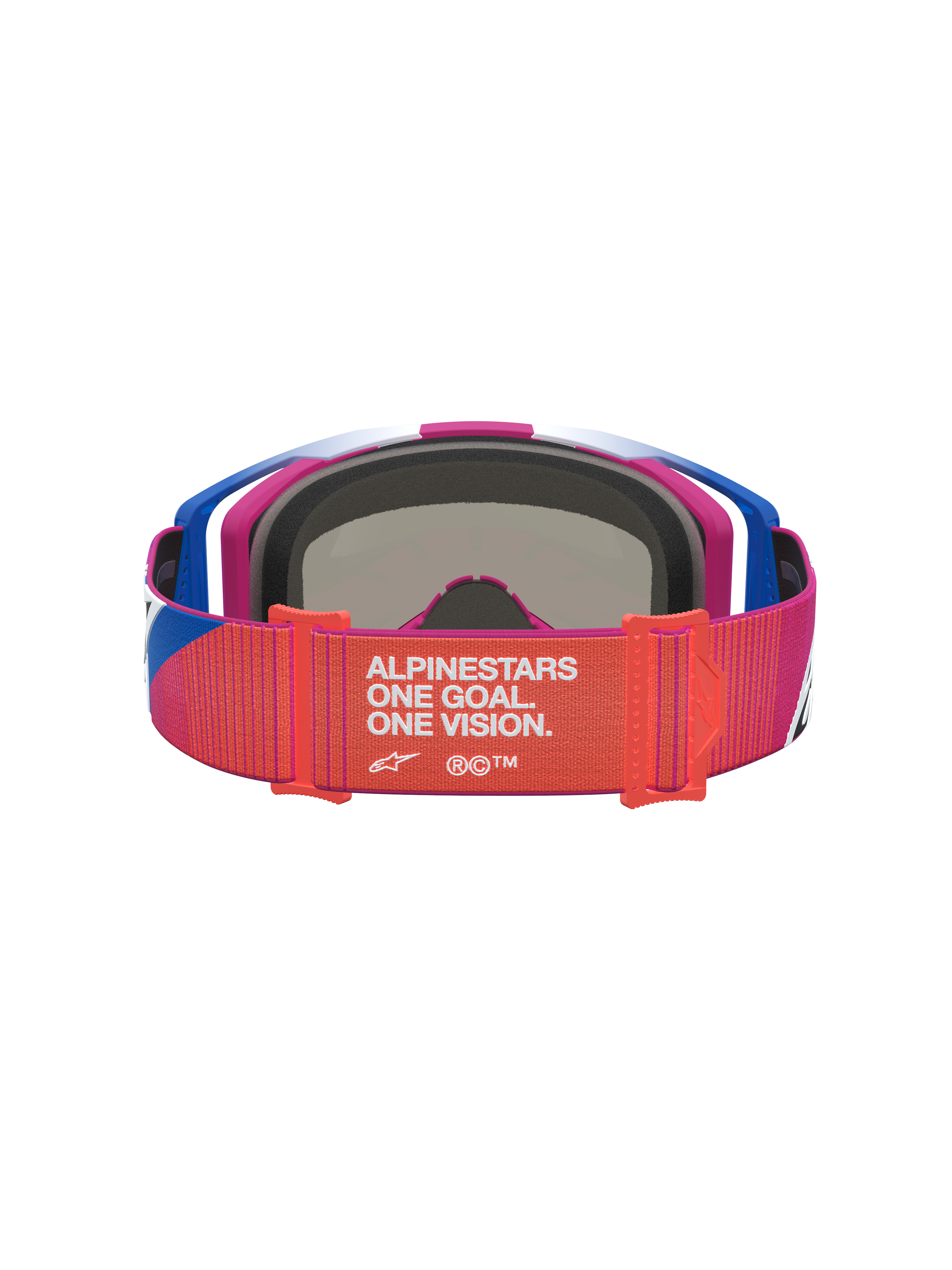 Alpinestars Vision 8 Maven Motocross Goggles, Red and Black, rear view showing the adjustable 'One Goal. One Vision.' strap.