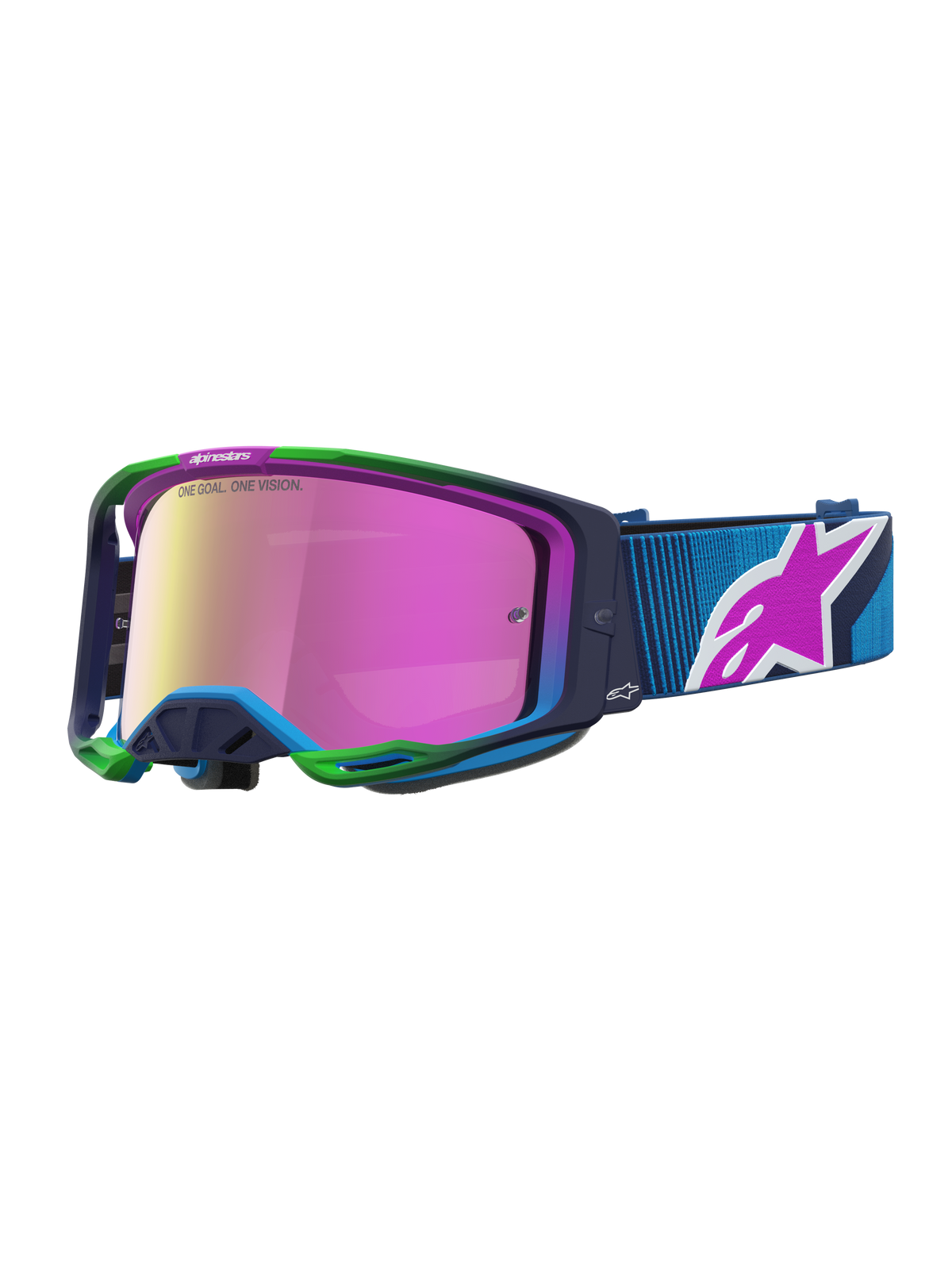 Alpinestars Vision 8 Maven Motocross Goggles in Blithe Blue and Purple Mirror Pink with RAM-AIR and A-FLEX frame.