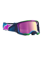 Alpinestars Vision 8 Maven Motocross Goggles, blue and green A-FLEX frame with a pink mirror lens and vented RAM-AIR design.
